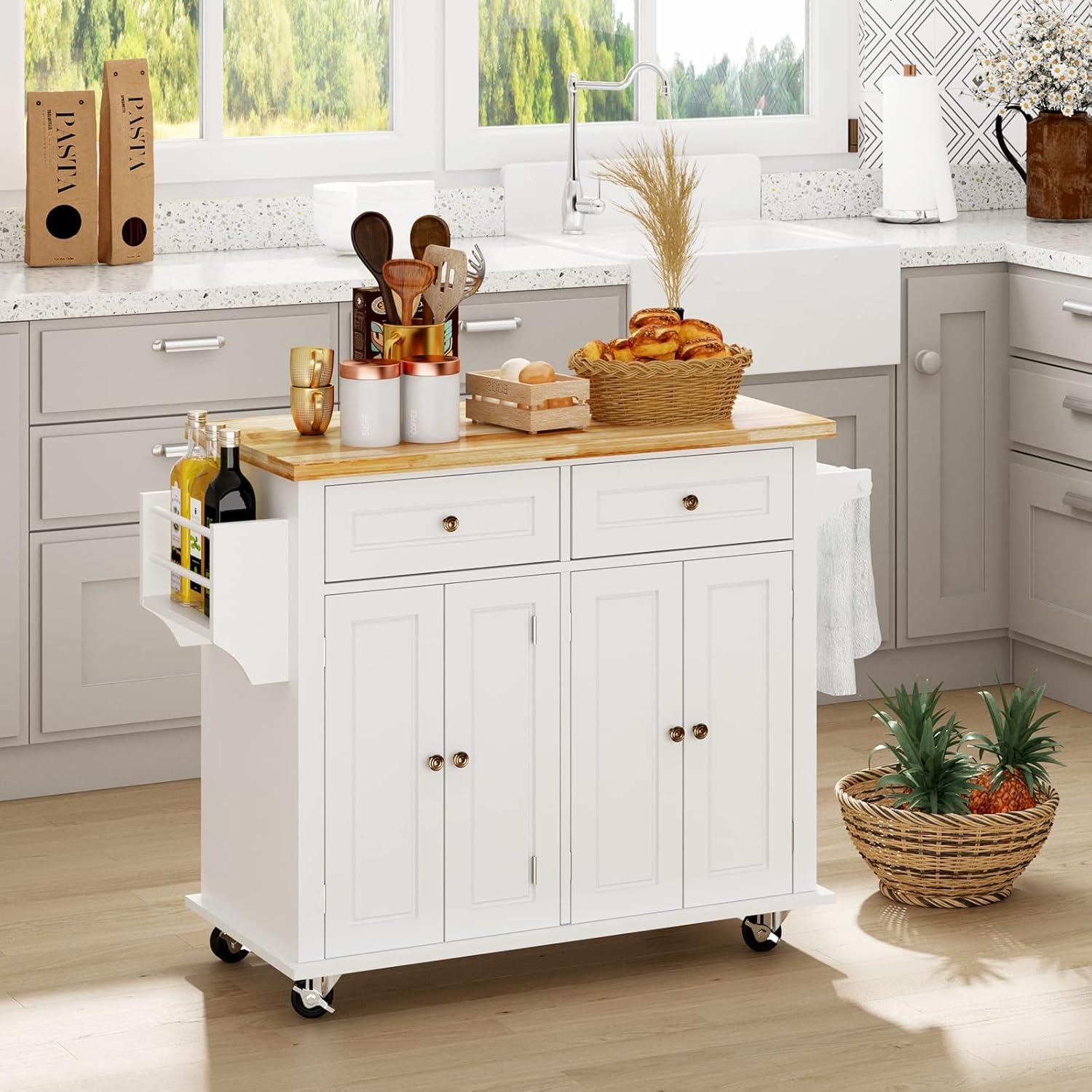 White and Maple Wood Kitchen Cart with Spice Rack and Storage