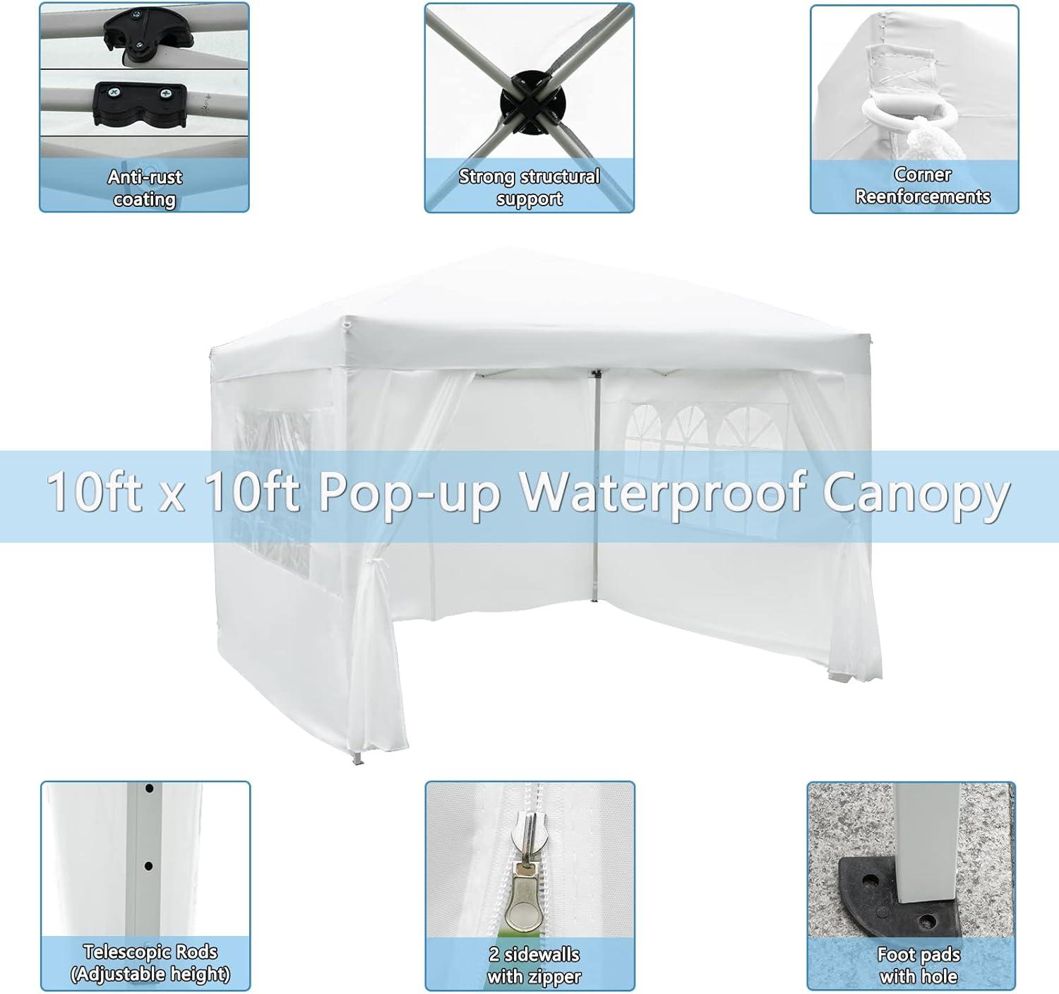 HOTEEL Canopy 10x10 Waterproof Pop up Canopy Tent with 4 Sidewalls Outdoor Event Shelter Tent for Parties Sun Shade Party Commercial Canopy with Air Vent & Carry Bag,White