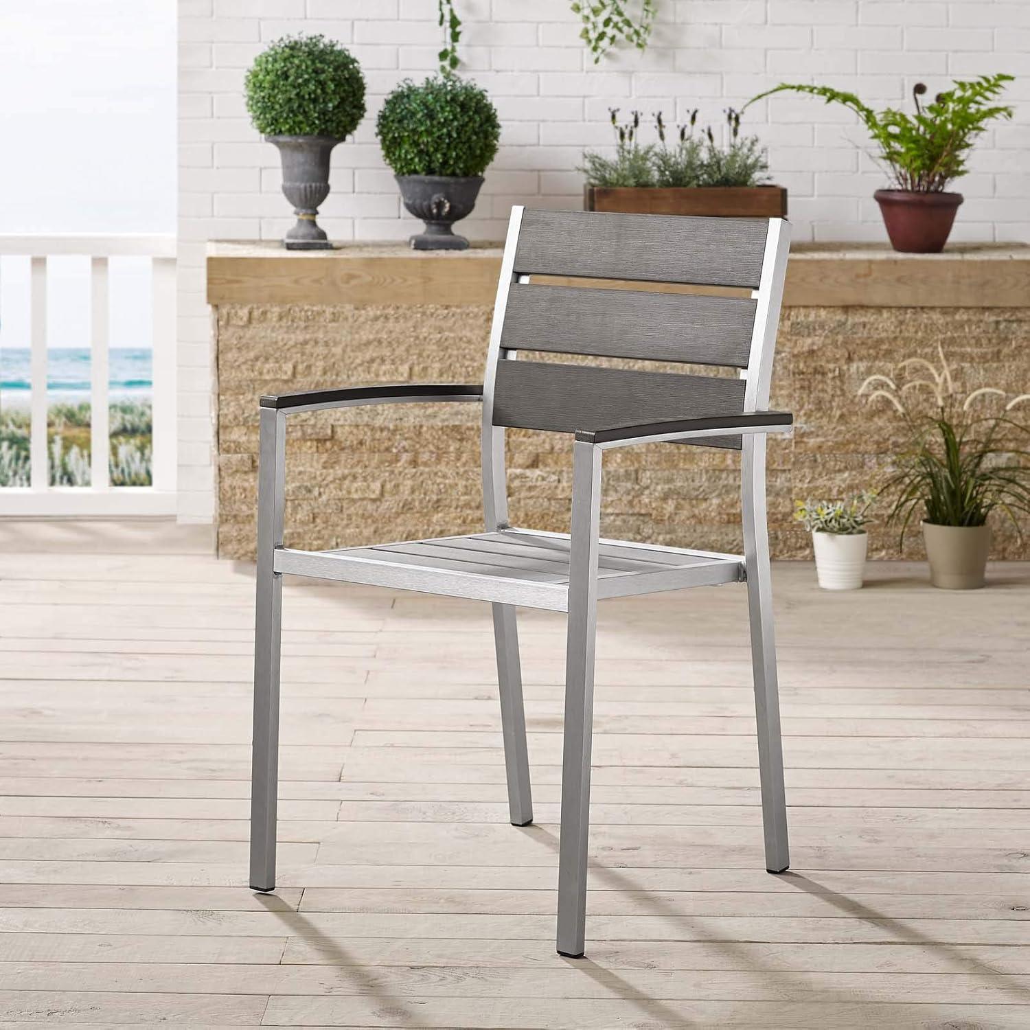 Modway Shore 17.5" Aluminum & Wood Patio Dining Armchair in Silver and Gray