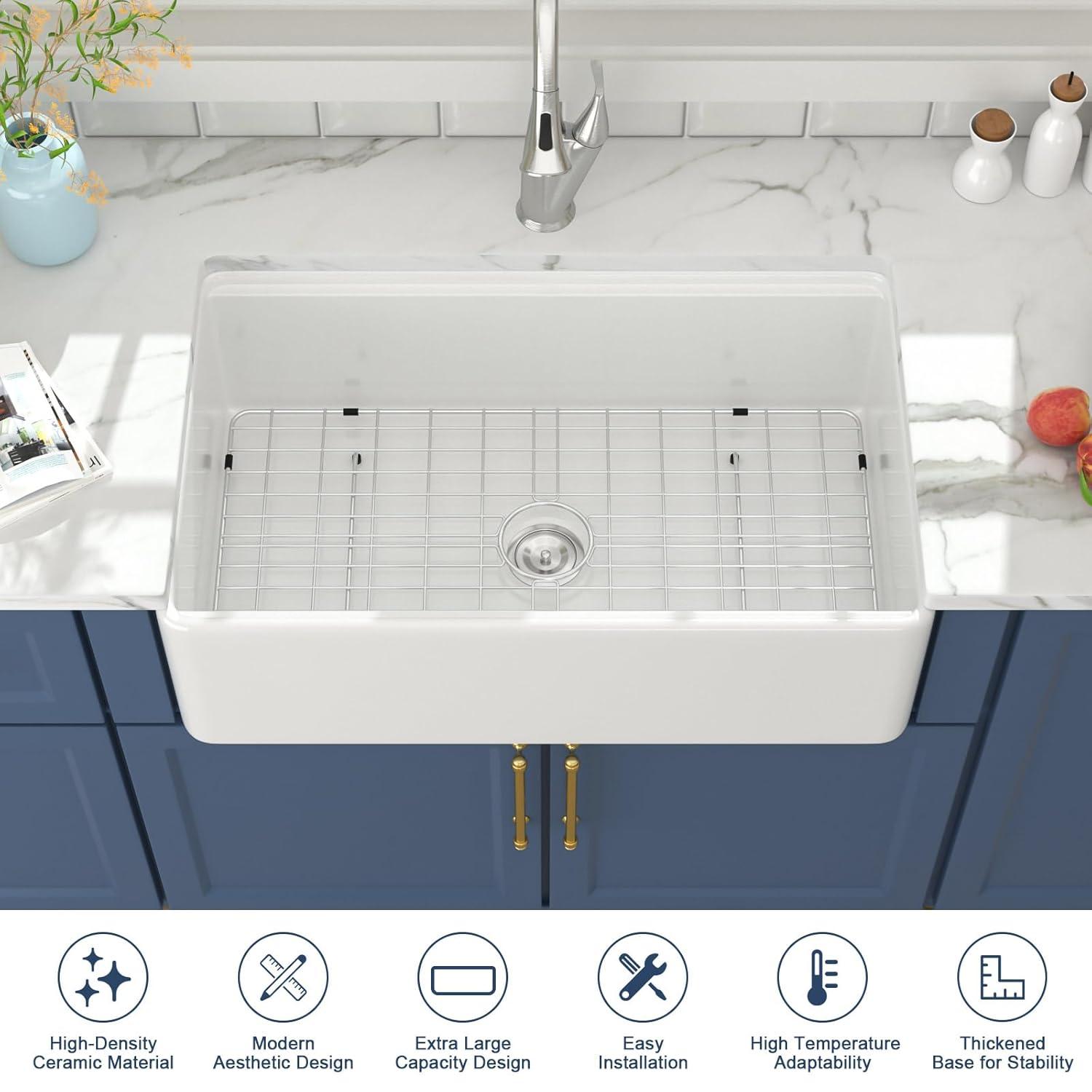 33"L x 20"W Farmhouse Kitchen Sink Deep Single Bowl Fireclay Workstation Sink with Cutting Board and Dish Drying Rack