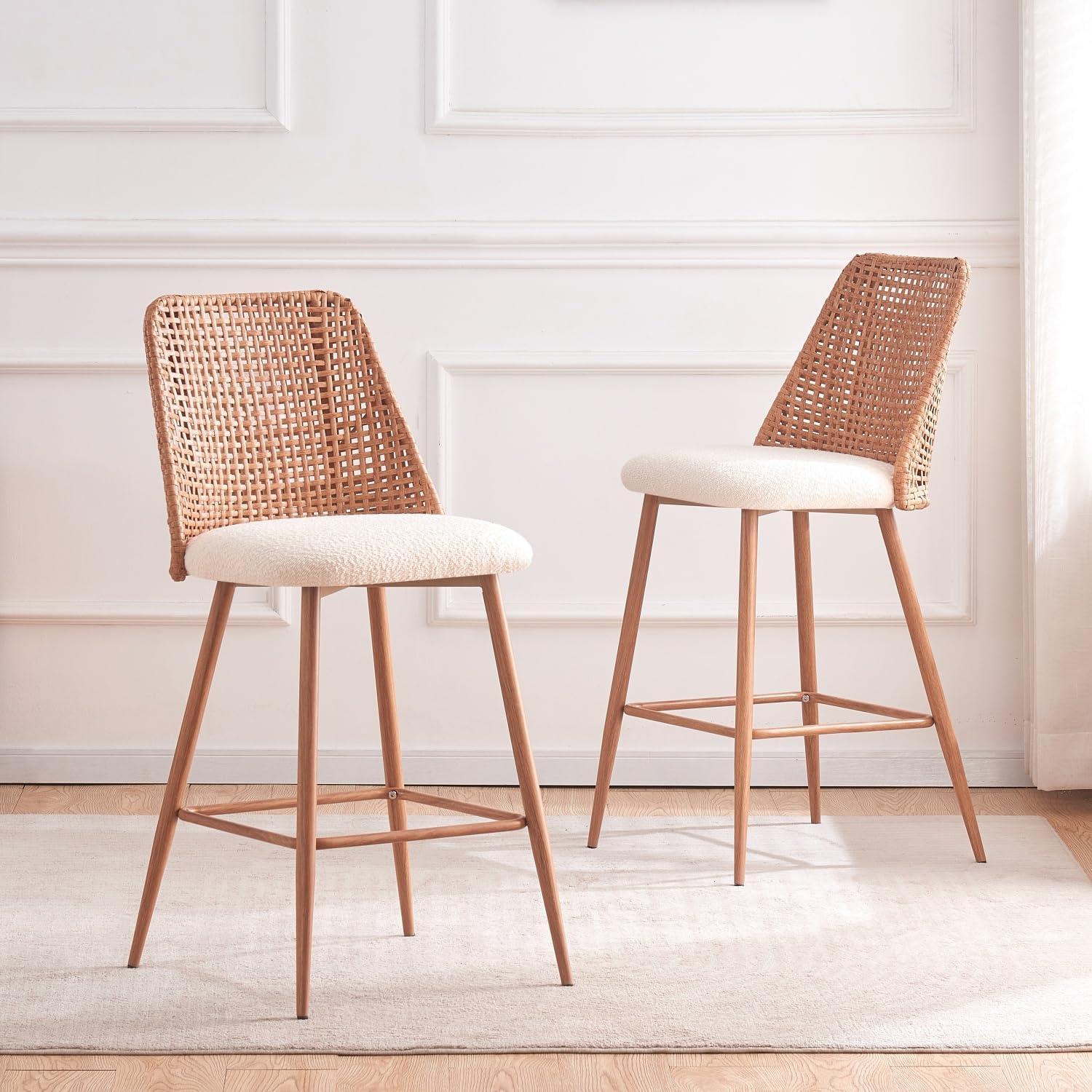 Rattan Counter Height Bar Stools Set Of 2, Fabric Upholstered Barstools With Pe Rattan Cane Back, Bar Chairs Counter Stools For Kitchen Island,beige White (Set of 2)