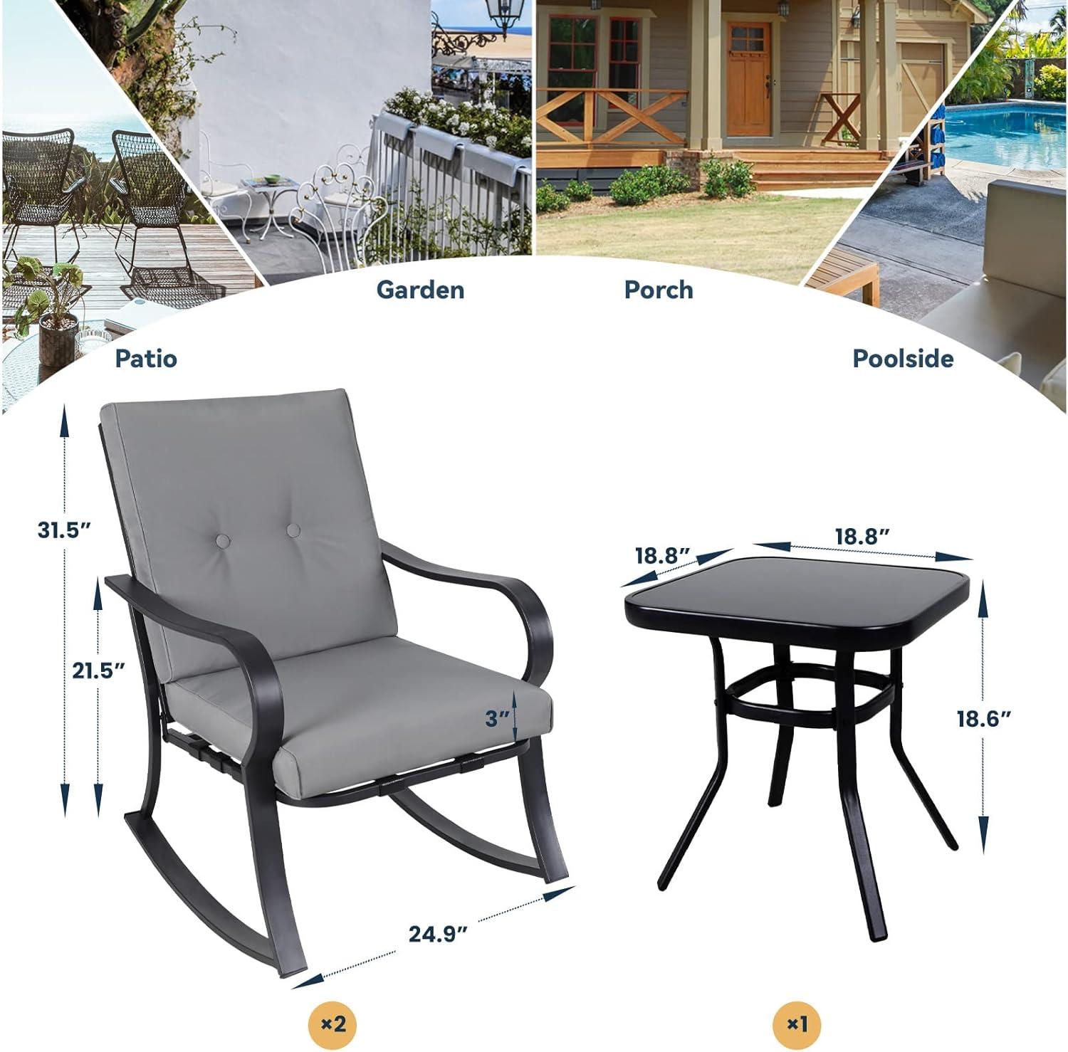 Crownland Outdoor Rocking Chairs Patio Furniture 3 Piece Patio Set Bistro Table Set Black Iron with Thickened Cushions and Glass Coffee Table, Grey