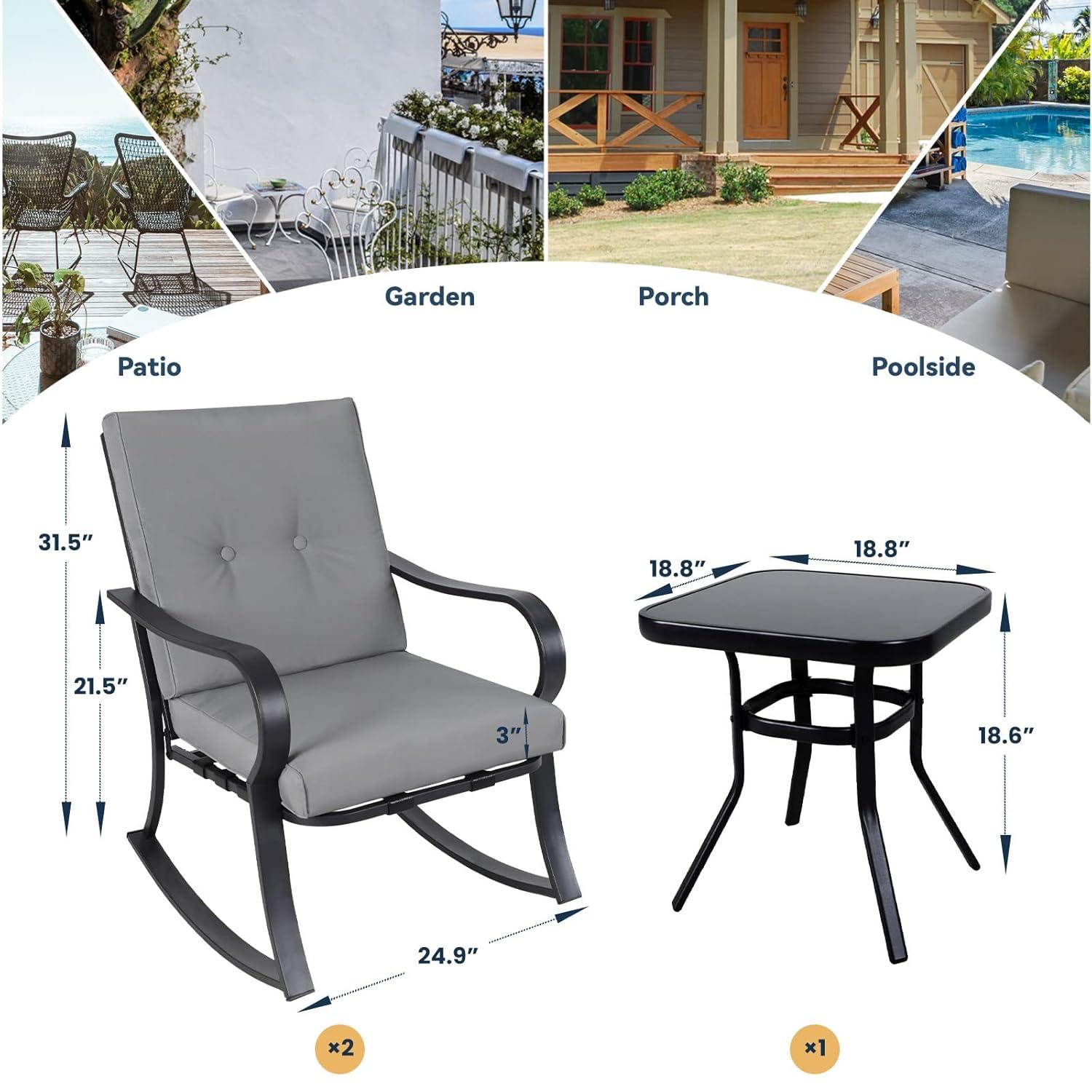 Crownland Outdoor Rocking Chairs Patio Furniture 3 Piece Patio Set Bistro Table Set Black Iron with Thickened Cushions and Glass Coffee Table, Grey