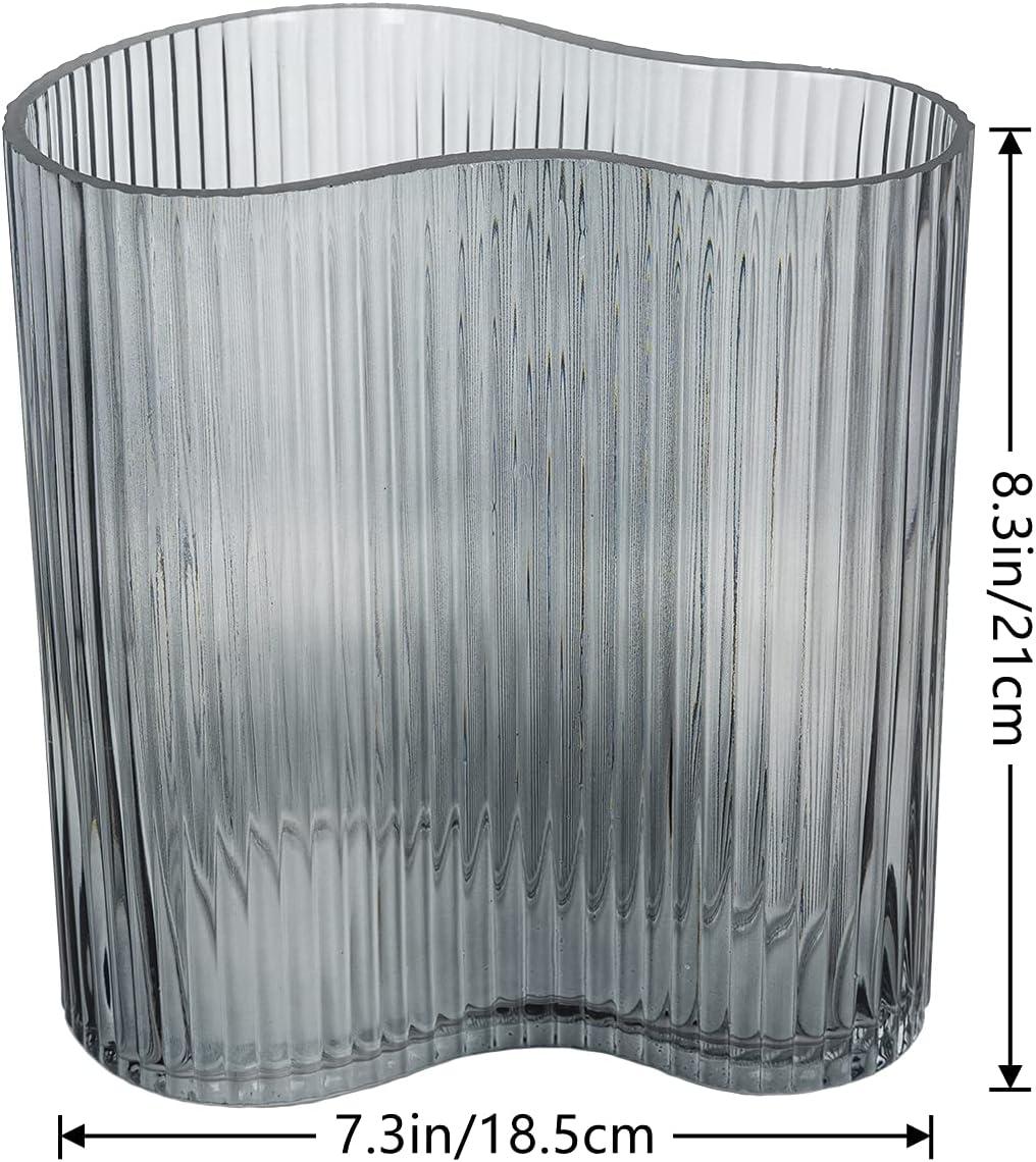 Gray Ribbed Glass Footprint Vase for Flowers, 8.3 Inch