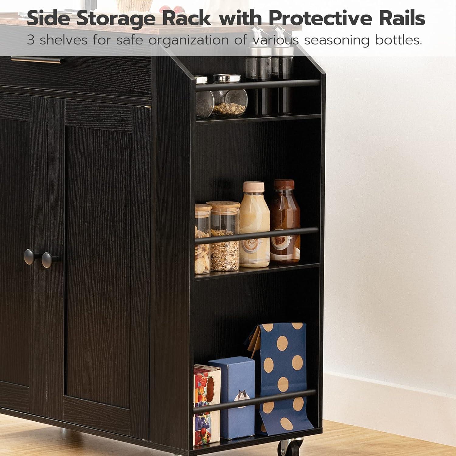 Rustic Brown and Black Rolling Kitchen Island with Power Outlet