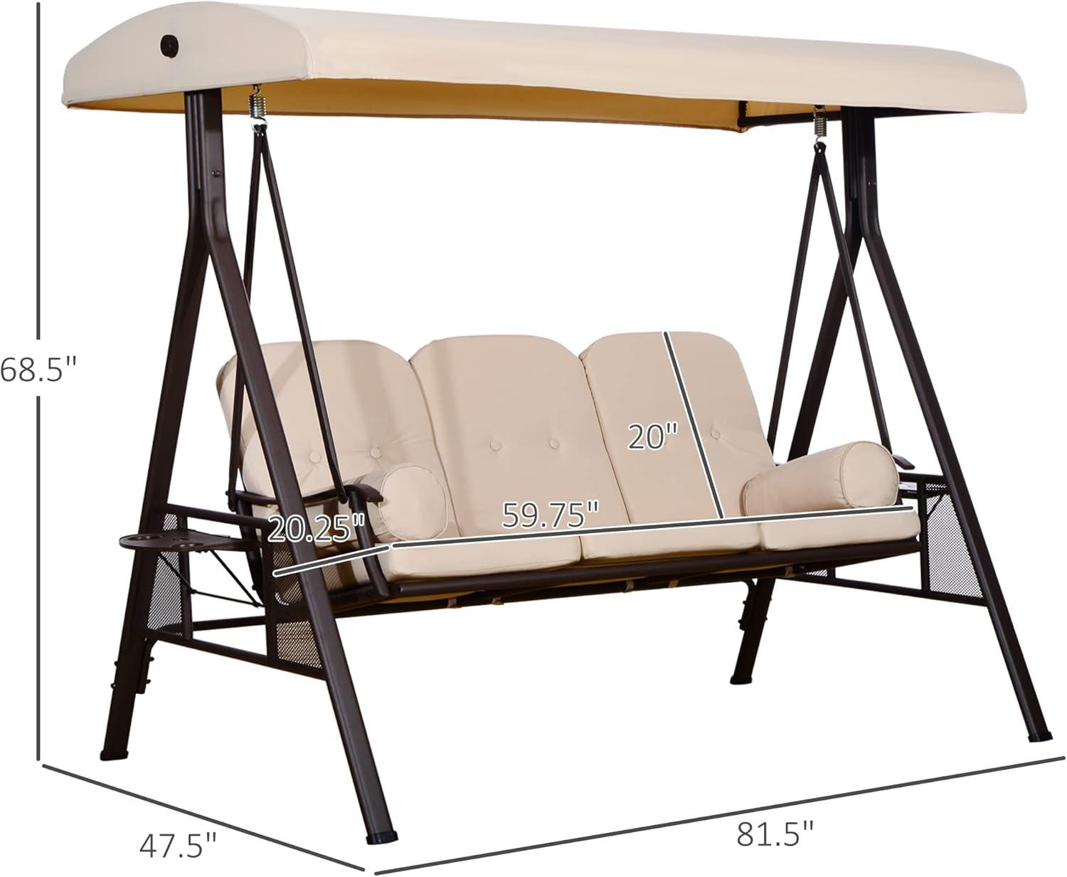 Outsunny 3-Seat Outdoor Patio Swing with Adjustable Tilt Canopy, Cushions, Pillow, Steel Frame, Side Tray, Cup Holder, Beige