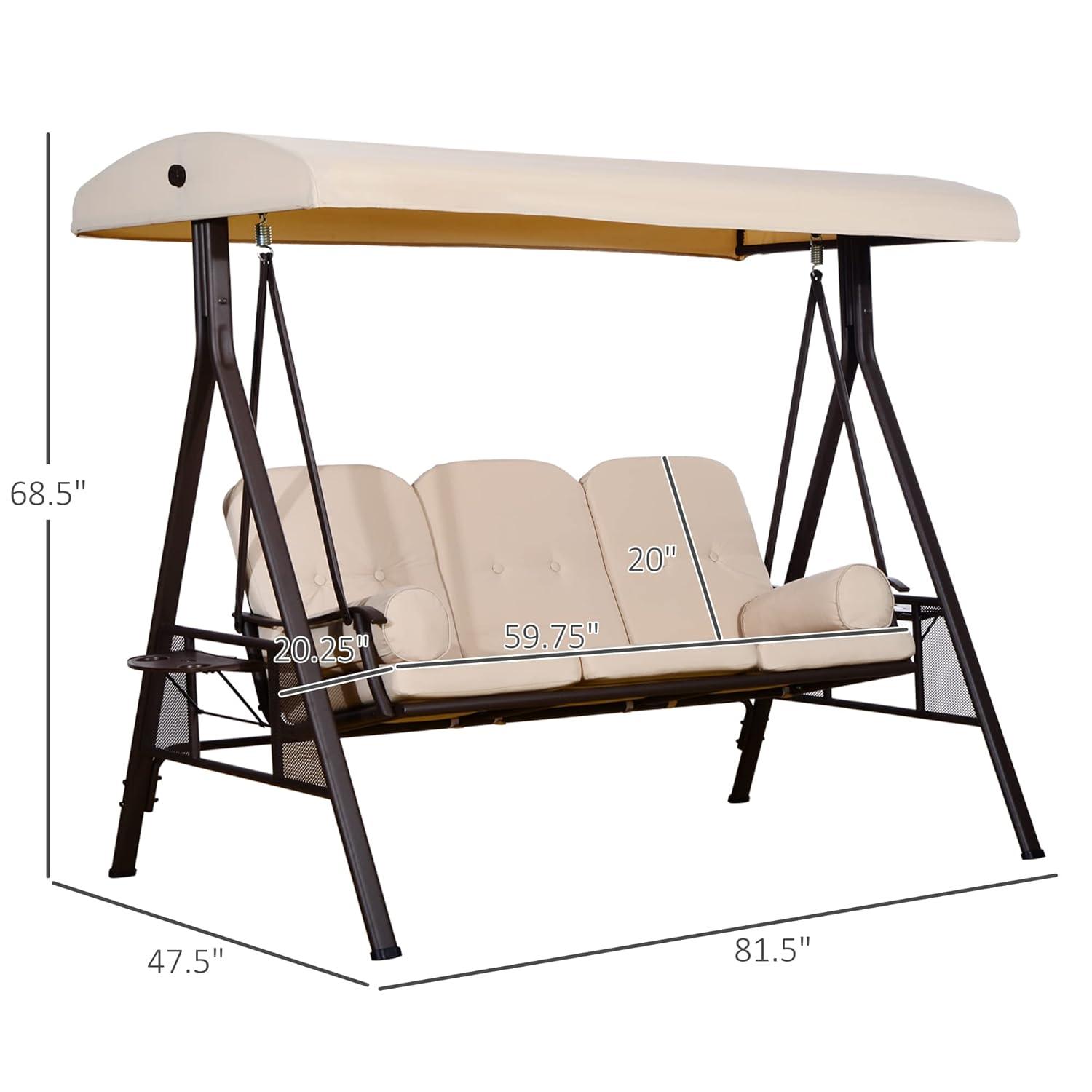 Outsunny 3-Seat Outdoor Patio Swing with Adjustable Tilt Canopy, Cushions, Pillow, Steel Frame, Side Tray, Cup Holder, Beige