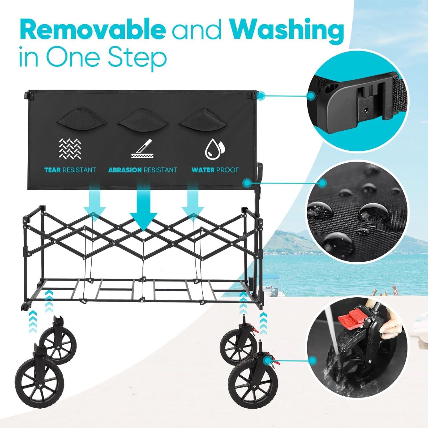 Sekey 43" Extended Collapsible Wagon 400L Large Capacity, 440LBS Heavy Duty Folding Utility Garden Cart with All-Terrain Wheels for Camping, Sports, Shopping.Black