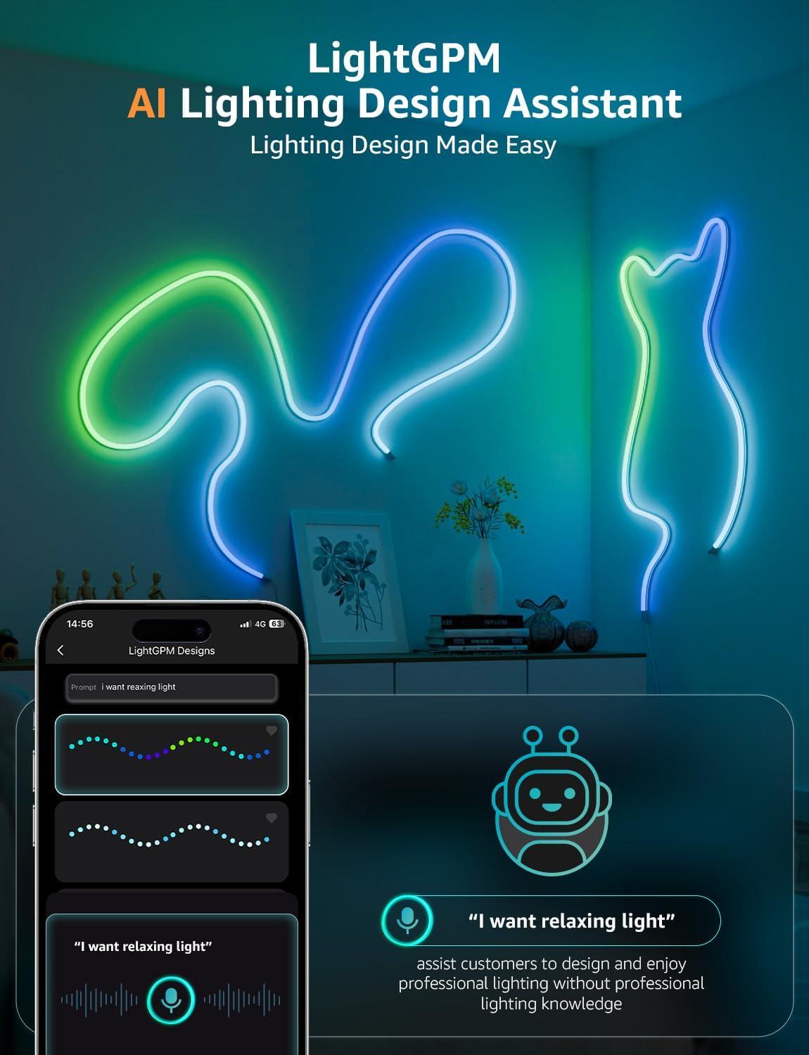 Lepro Lepro N1 AI Smart RGB Rope Lights, LLM AI Generated Lighting, LightBeats Music Sync, Color Segment DIY, Voice Control Via App, Wi-Fi & Bluetooth LED Strip Lights (Set of 6)