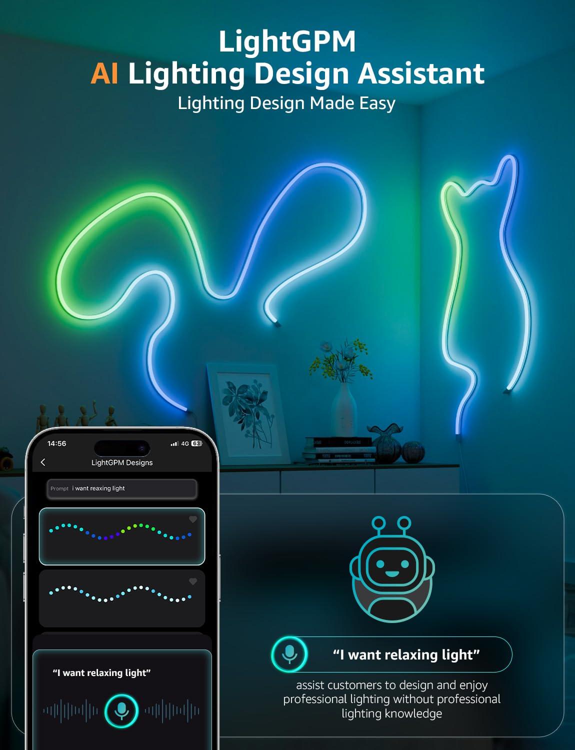 Lepro Lepro N1 AI Smart RGB Rope Lights, LLM AI Generated Lighting, LightBeats Music Sync, Color Segment DIY, Voice Control Via App, Wi-Fi & Bluetooth LED Strip Lights (Set of 6)