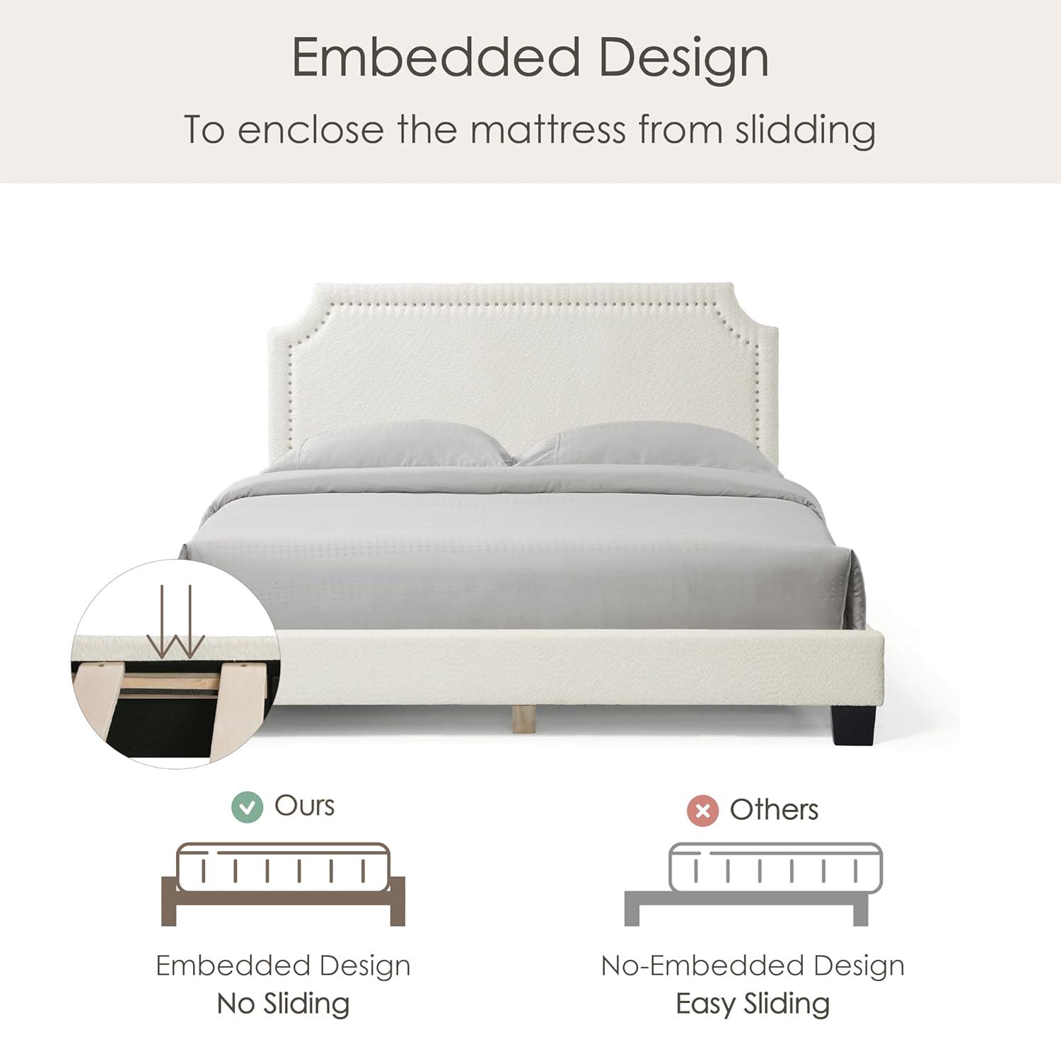 24/7 Shop At Home Queen Heartwild Modern Boucle Upholstered Nailhead Trim Platform Bed White: Polyester, Wood Frame, No Box Spring Needed