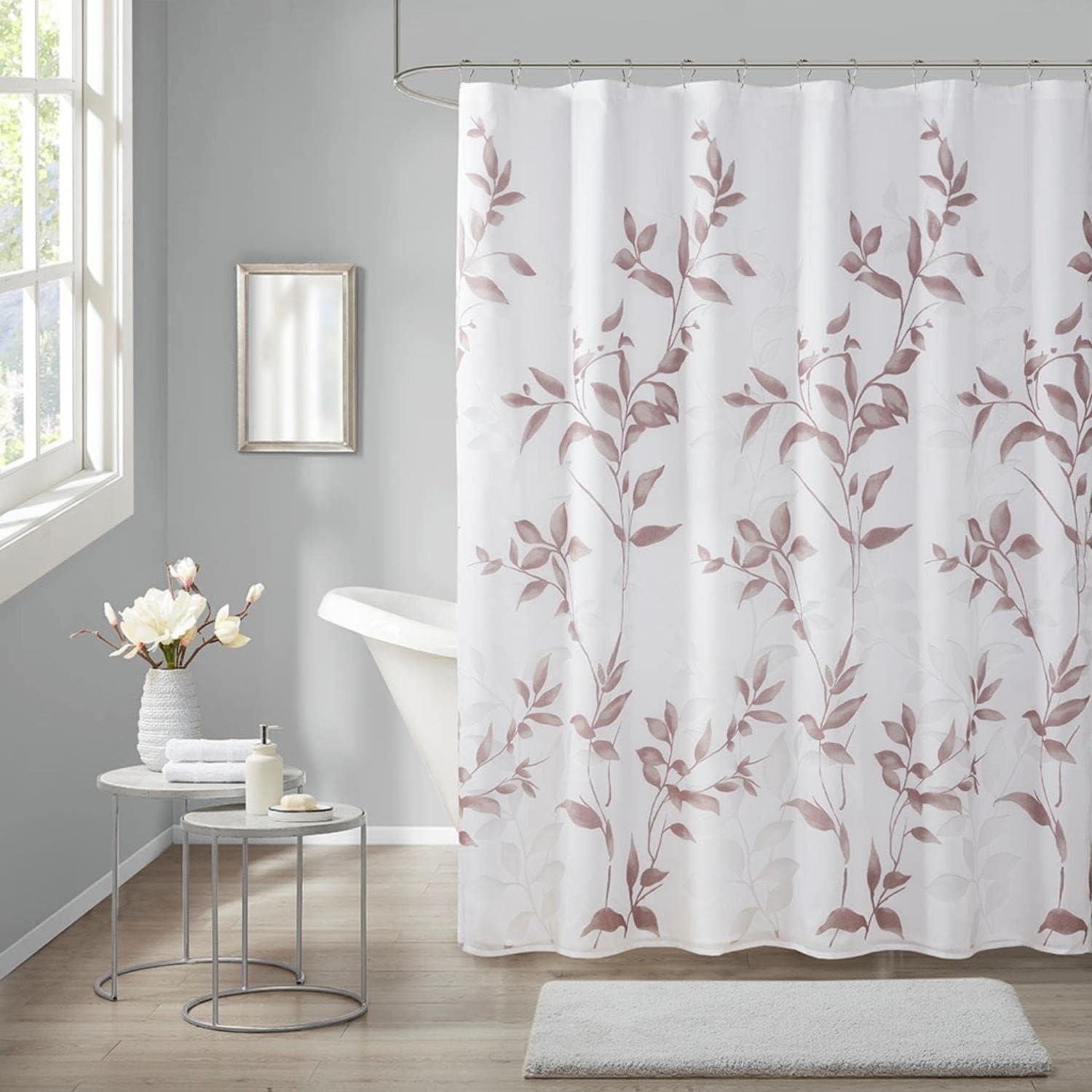 Mauve Botanical Leaf Print Fabric Shower Curtain 72x72