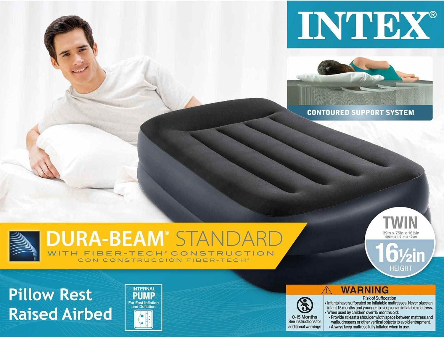 Intex Dura-Beam Pillow Rest Fiber Tech Air Mattress Bed w/ Built In Pump, Twin