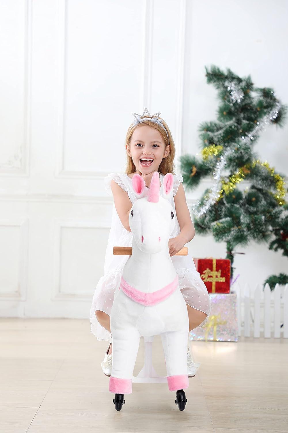 JoJoPooNy Ride on Unicorn Toys for Girls, Ride on Horse Riding Pony for Children 3-6 Years Old, Rideable Plush Walking Horse Animal with Wheels