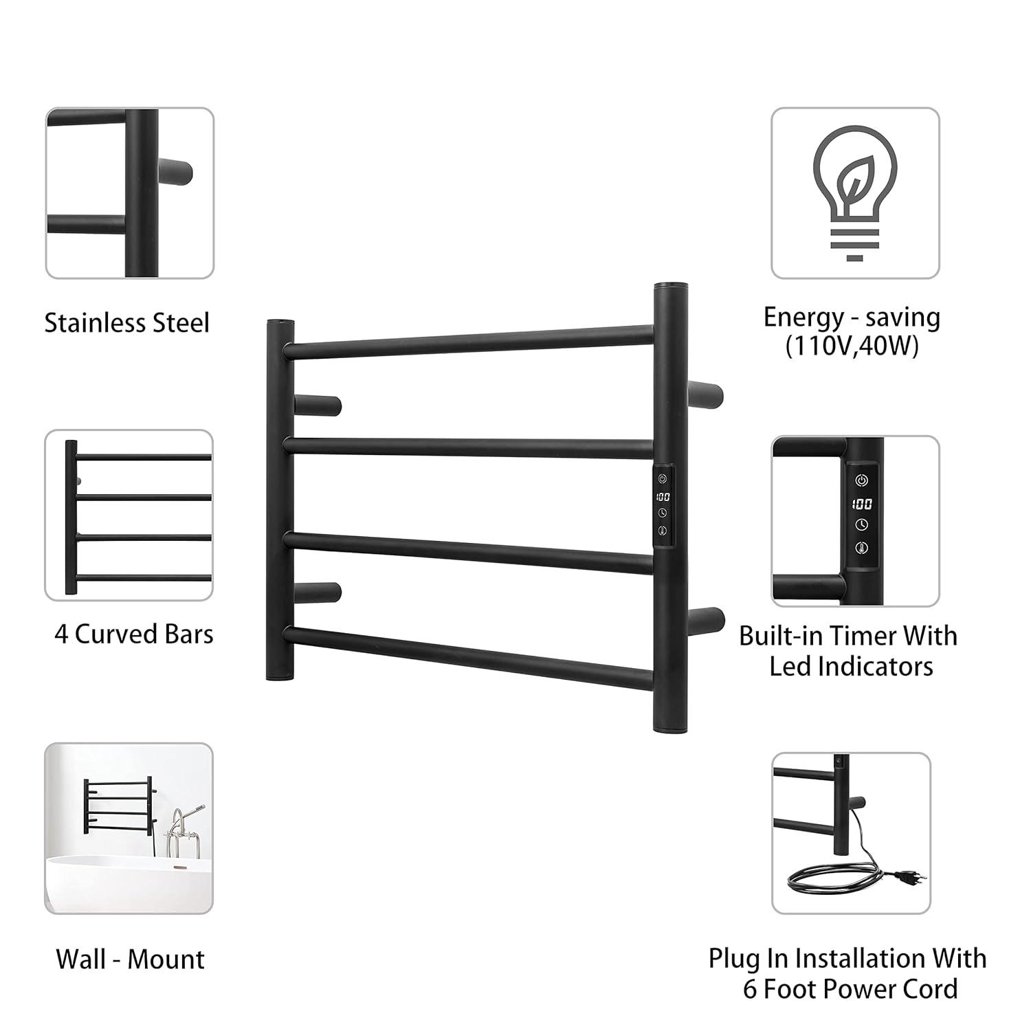KEG Smart WiFi Towel Warmer Wall Mounted with Built-in Timer and Temperature Adjust Control, 4 Bars Electric Stainless Steel Heated Towel Racks for Bathroom Matte Black