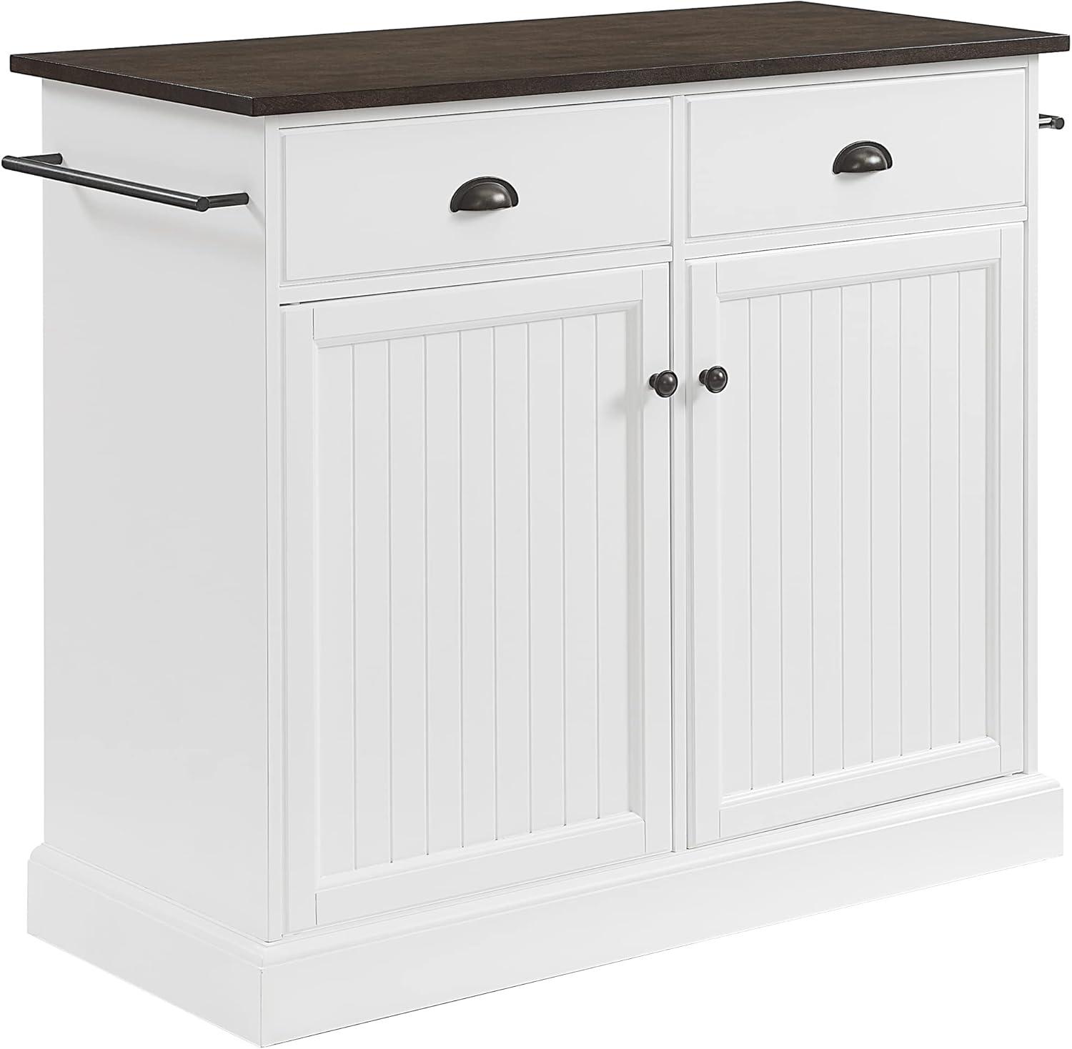 Crosley Shoreline Kitchen Island White/Dark Brown: Adjustable Shelves, Towel Bar, MDF & Veneer Storage Cart