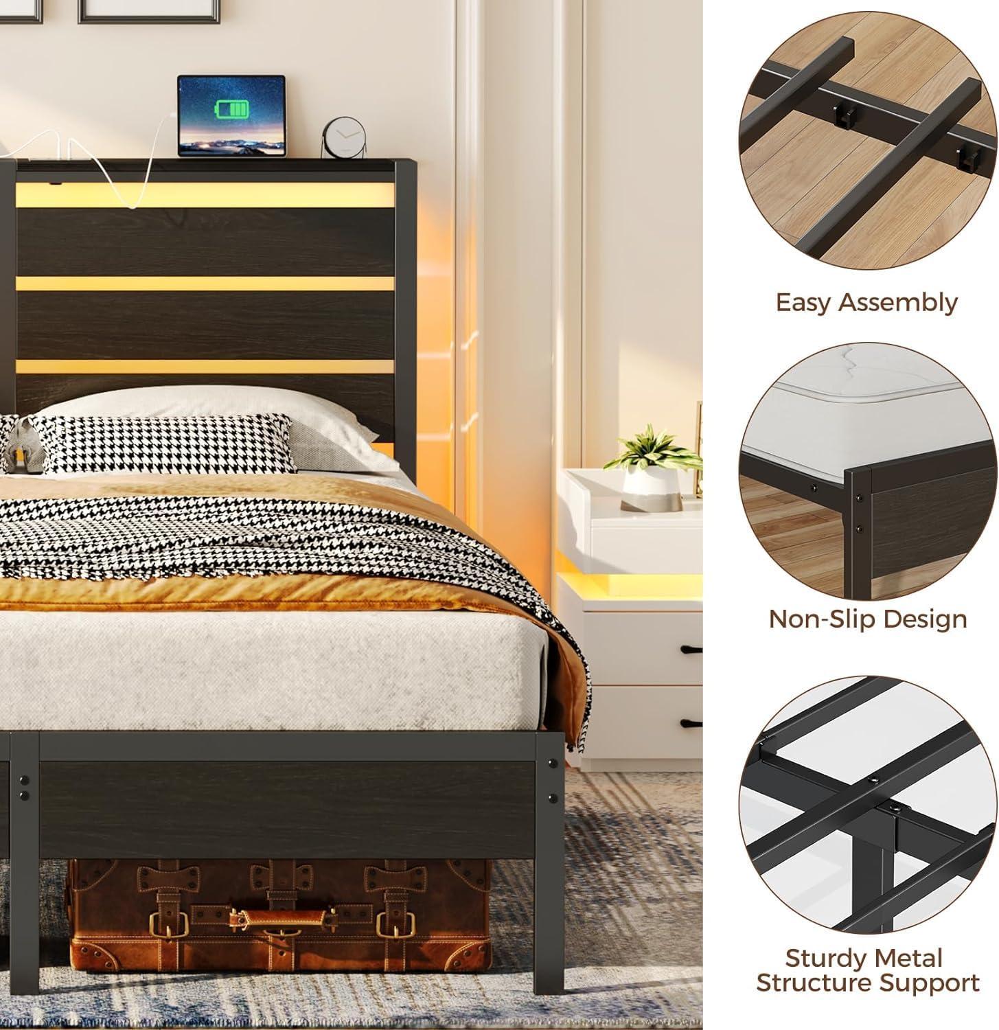 Twin Black Metal Bed Frame with LED Lighted Headboard and Storage