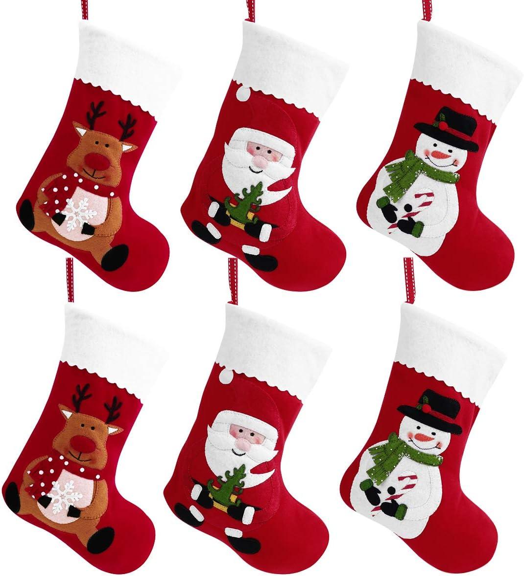 Set of 6 Red Felt Christmas Stockings with Santa, Snowman, and Reindeer