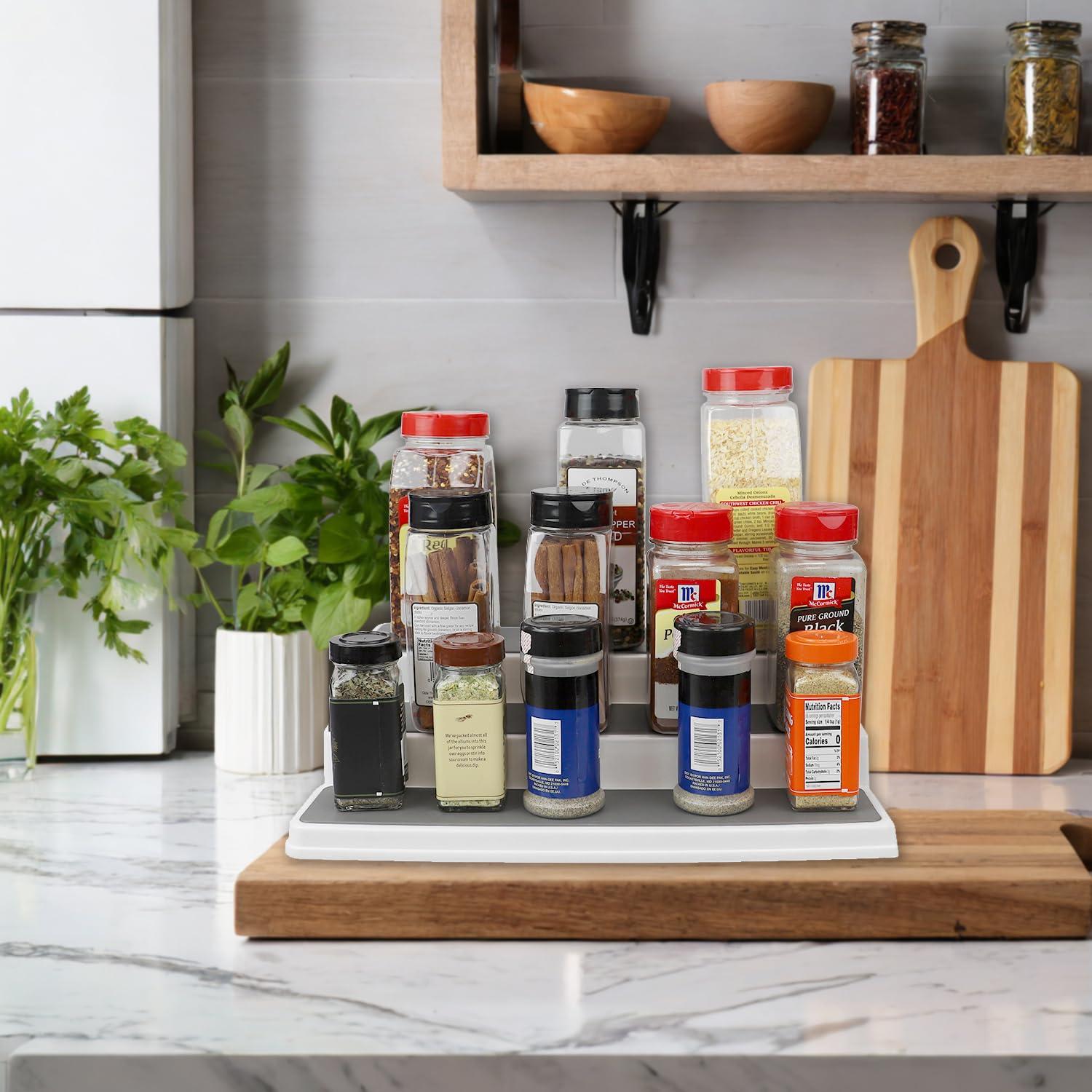 Home Basics 3 Tier Rubber Lined Plastic Spice Rack, Double, White, 14.5-23 Inches