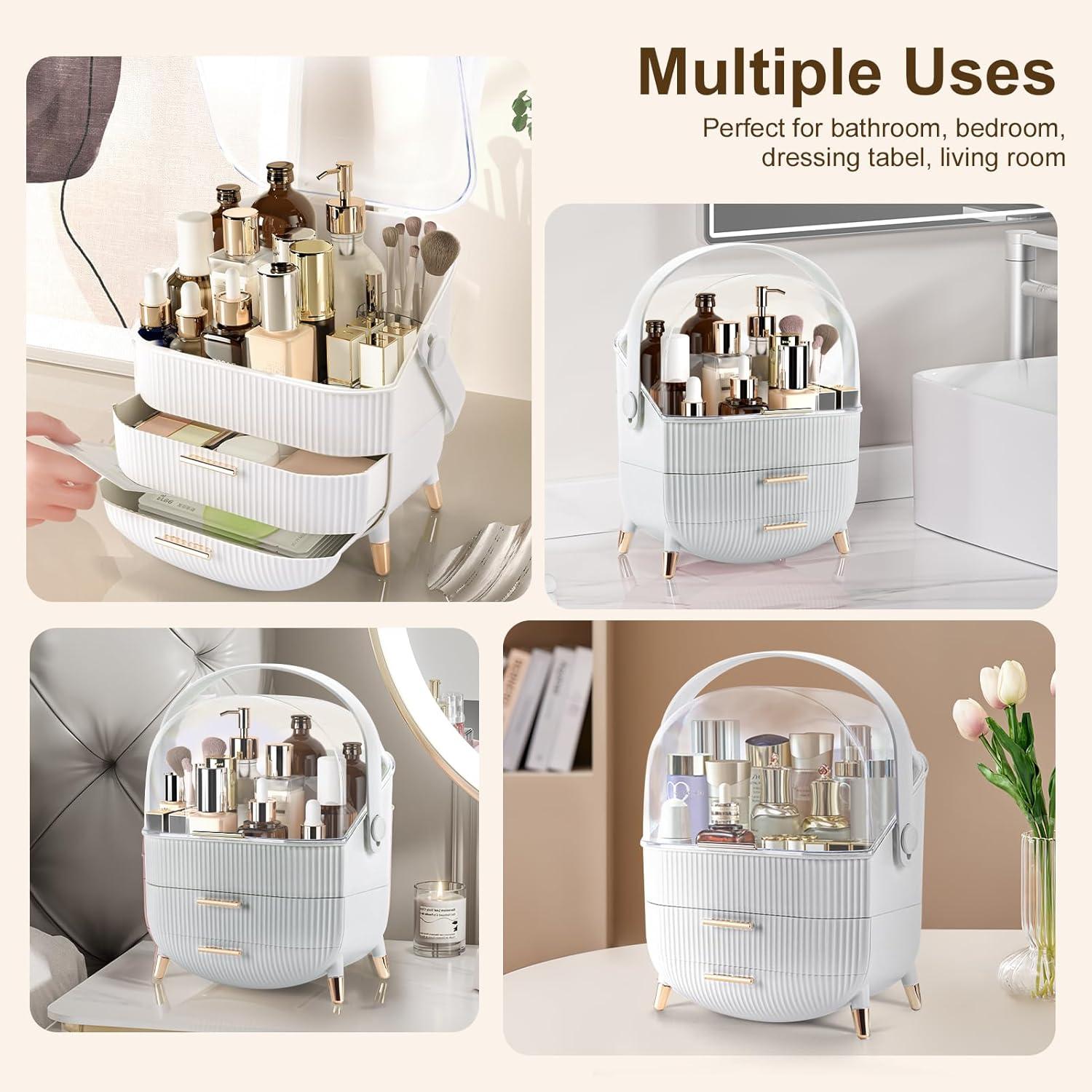 White ABS Makeup Organizer with Lid and Drawers