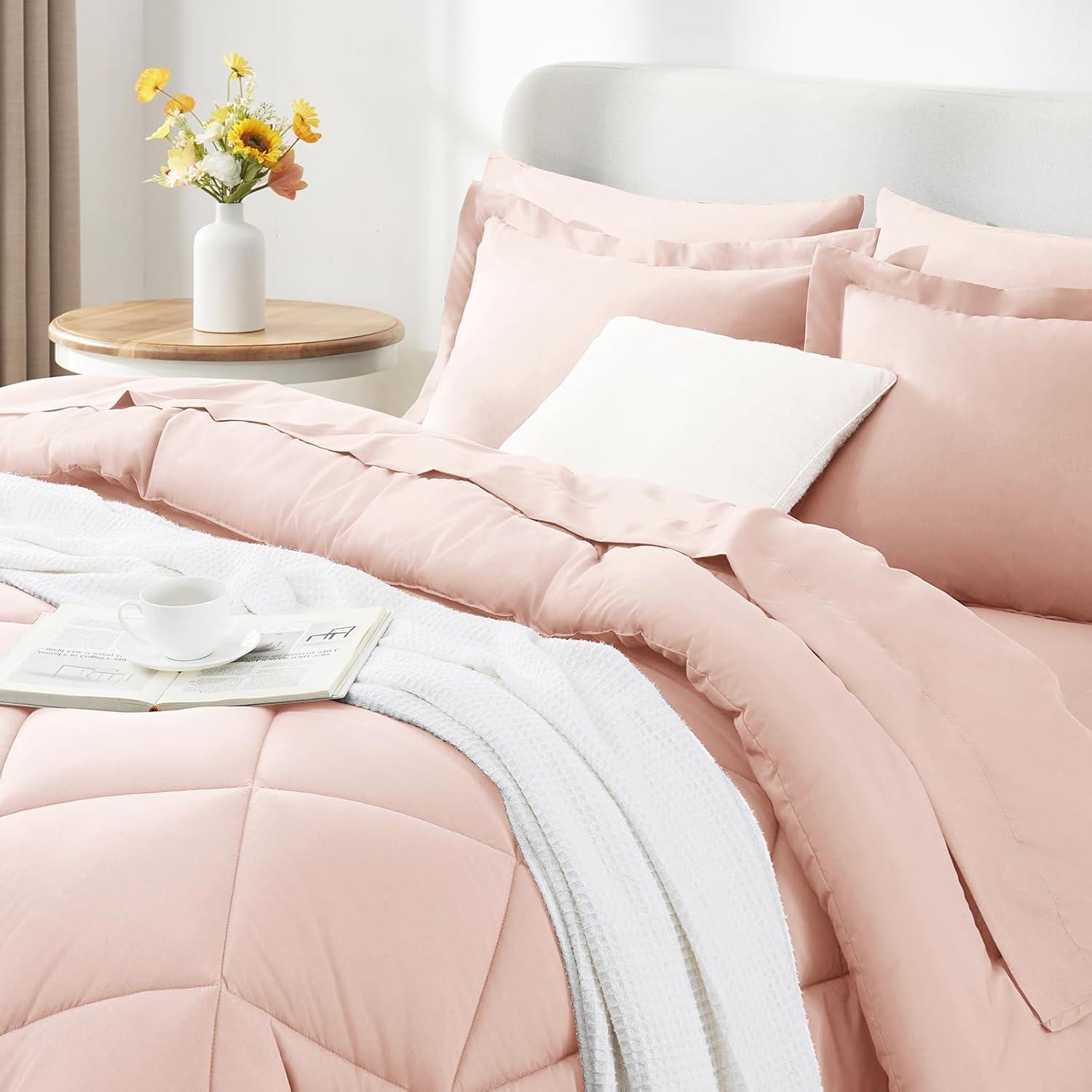 CozyLux Pink Comforter Set Queen - 7 Pieces Bed in a Bag Toddler Girls Comforter Set Teen Girl Bedding Sets with All Season Quilted Comforter, Flat Sheet, Fitted Sheet, Pillowcases, Blush Pink