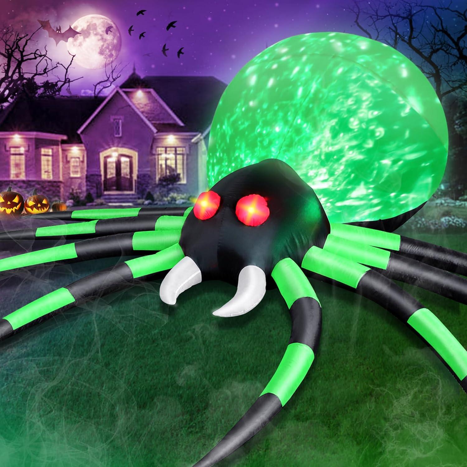 12FT Halloween Inflatables Spider Outdoor Decorations, Giant Blow Up Spider with Flame Lights & Red Glowing Eyes, Large Crawling Green Spider Props for Halloween Party Yard Garden Lawn Roof Decor