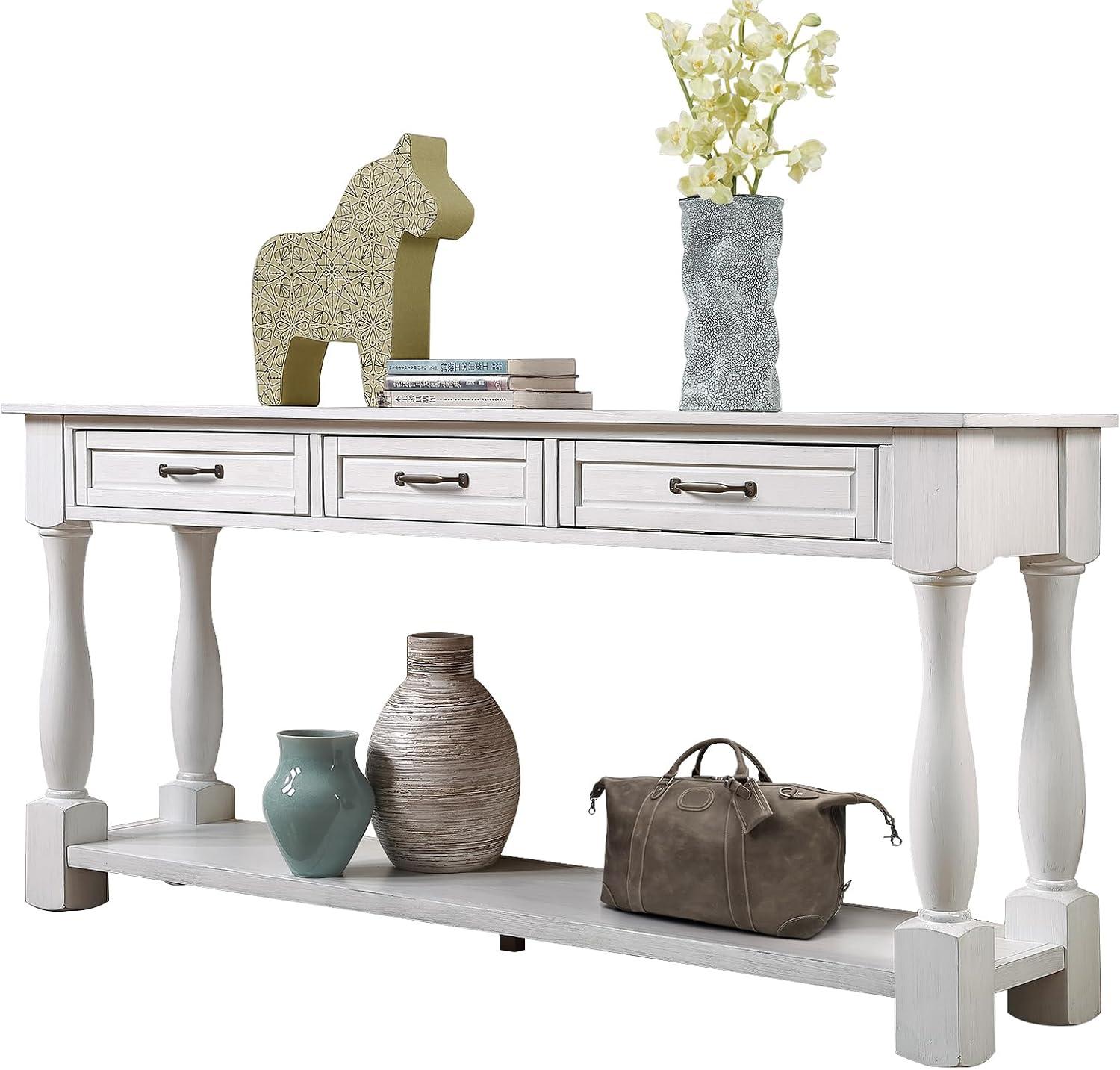 Merax Solid Wood Sofa Table with 3 Storage Drawers, 63 Inch Long Wood Console Table with Bottom Shelf, Retro Entryway Table for Living Room Hallway, Antique White