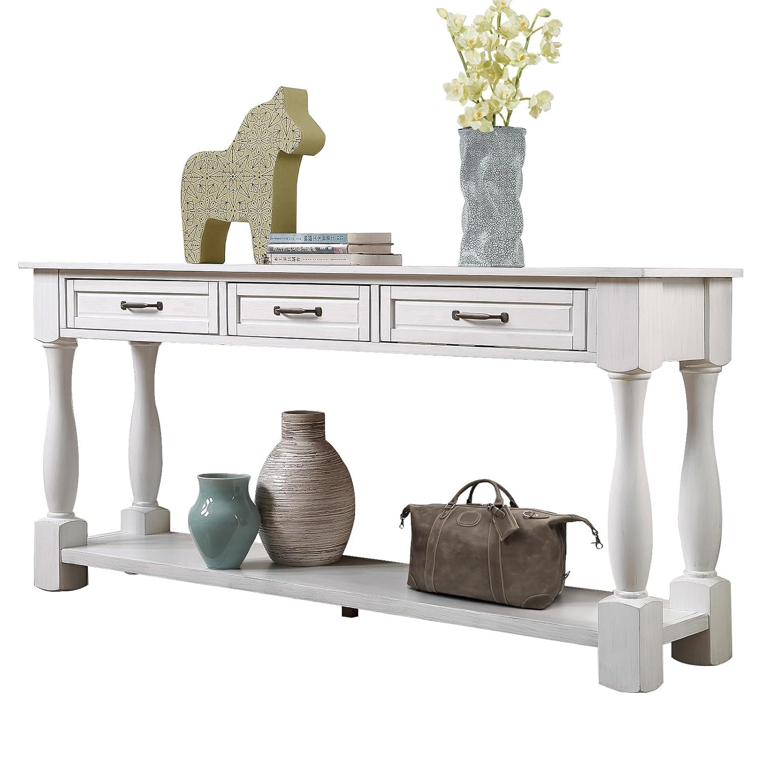 Merax Solid Wood Sofa Table with 3 Storage Drawers, 63 Inch Long Wood Console Table with Bottom Shelf, Retro Entryway Table for Living Room Hallway, Antique White