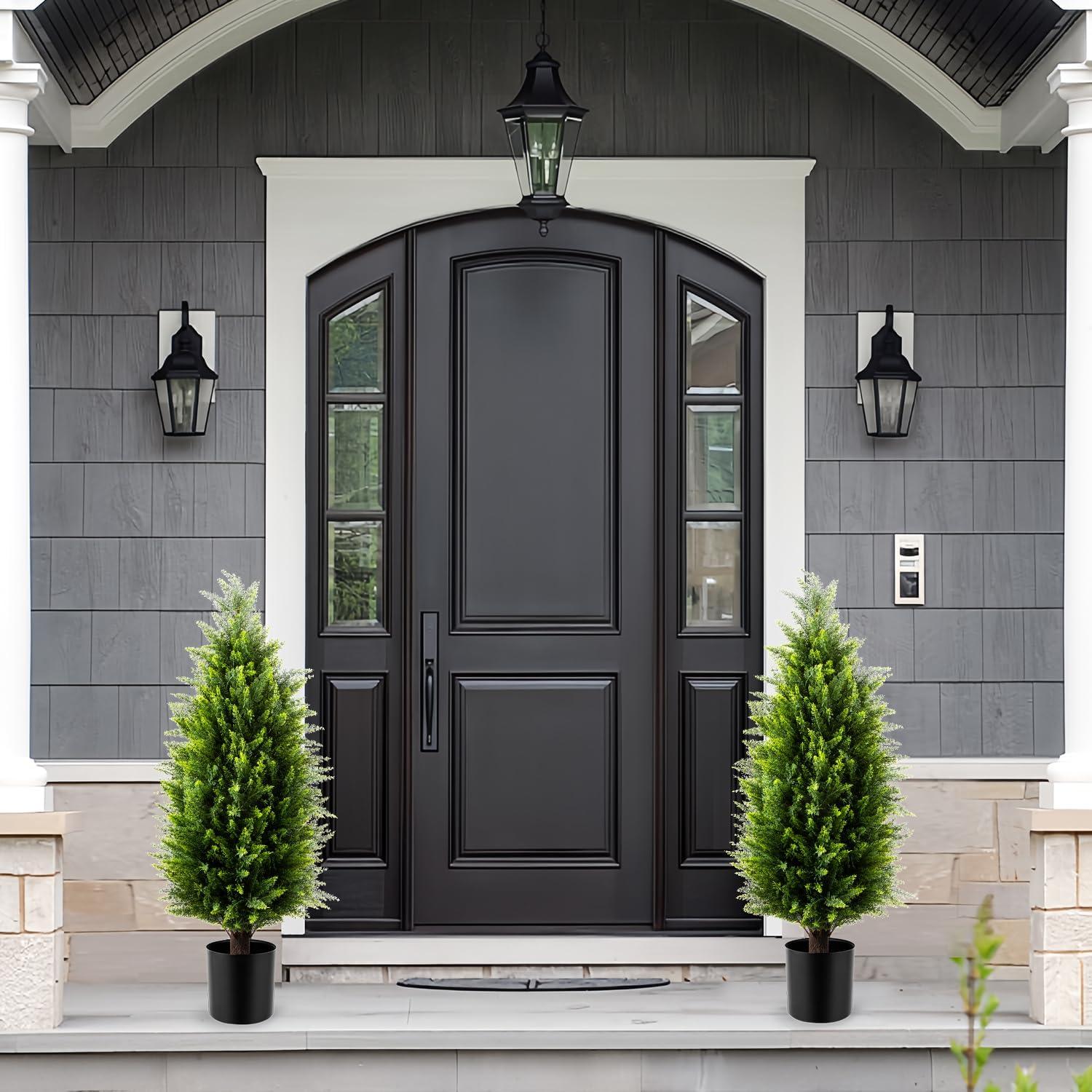 4ft Artificial Cedar Topiary Trees 2 Pack, Beautiful Realistic Artificial Plants for Outdoor, UV Protection Potted Plants Artificial Shrubs for Outdoor, Indoor, Office, Front Porch Decor.