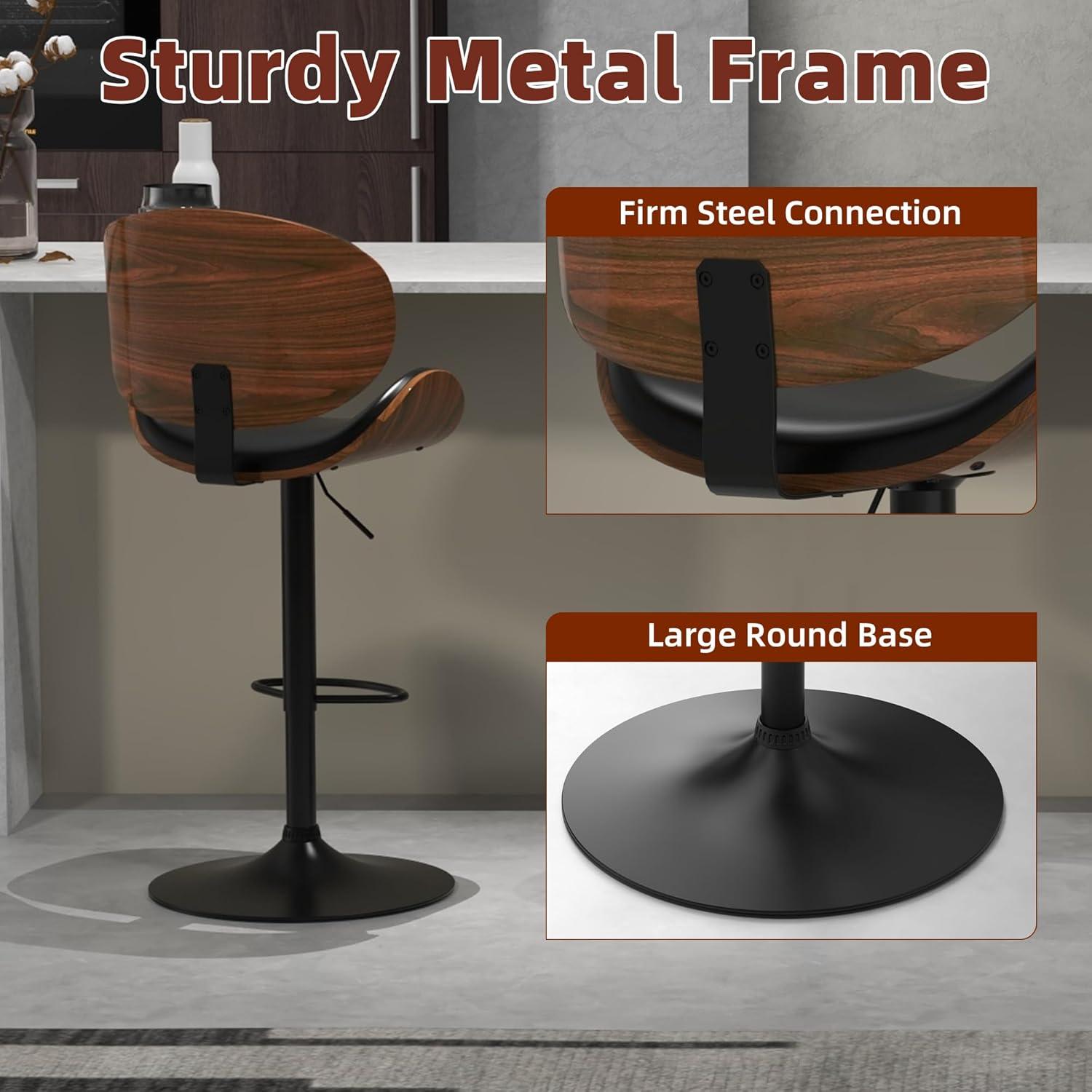 civama Bar Stools Set of 2 for Kitchen Counter, Adjustable Bar Height Chairs, Modern Swivel Barstools with Bentwood Seat and Back with Footrest, for Kitchen Island, Dining Room, Black PU Leather