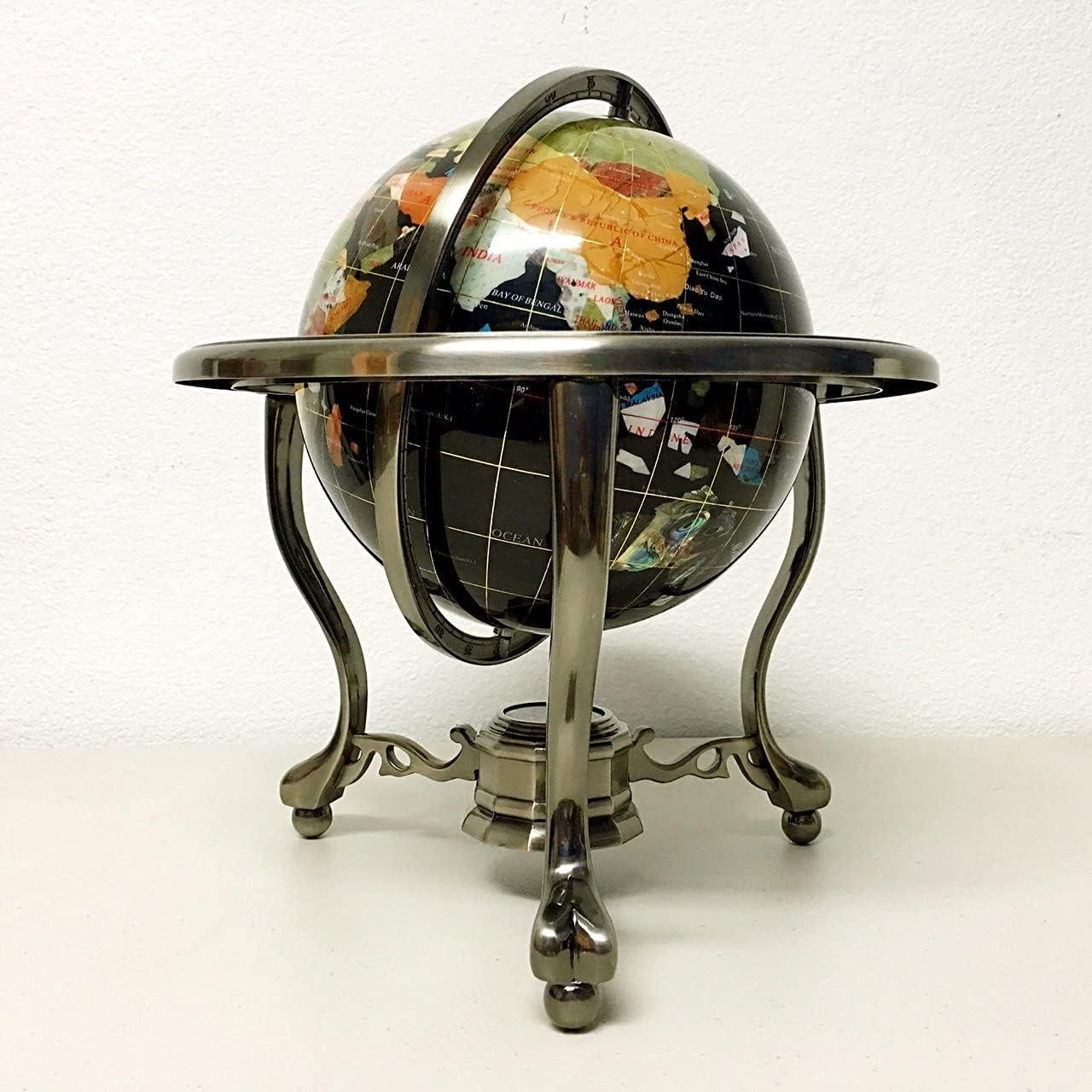 14" Black Onyx Gemstone Globe with Silver Stand