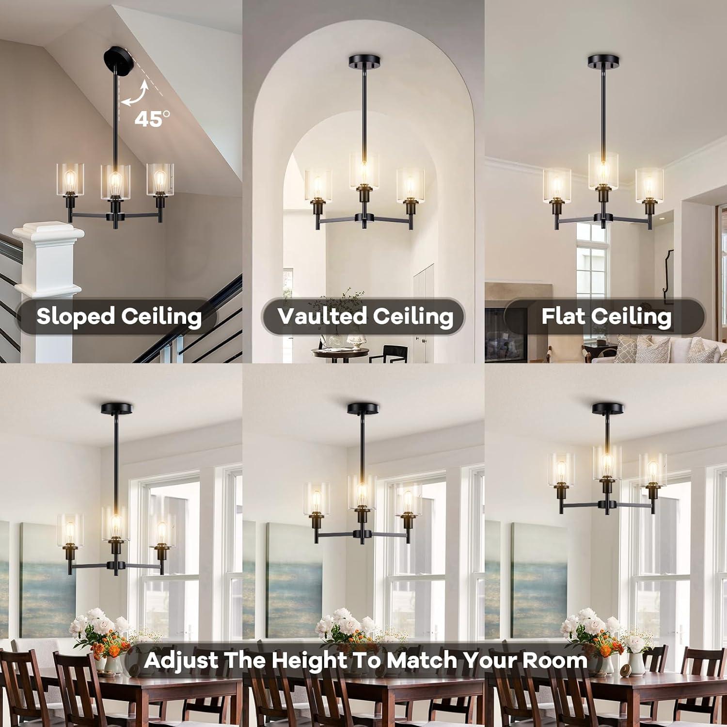 Black Chandelier for Dinning Room Living Room Island Kitchen Chandelier Light Fixtures Over Table, 3 Light Farmhouse Chandelier with Cylinder Clear Glass, Height Adjustable