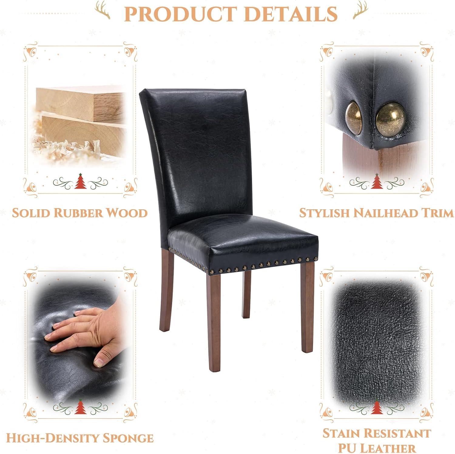 Colamy Black Upholstered Wood Legs Parsons Leather Dining Chairs with Nail head Trim Set of 2 for Dining Room