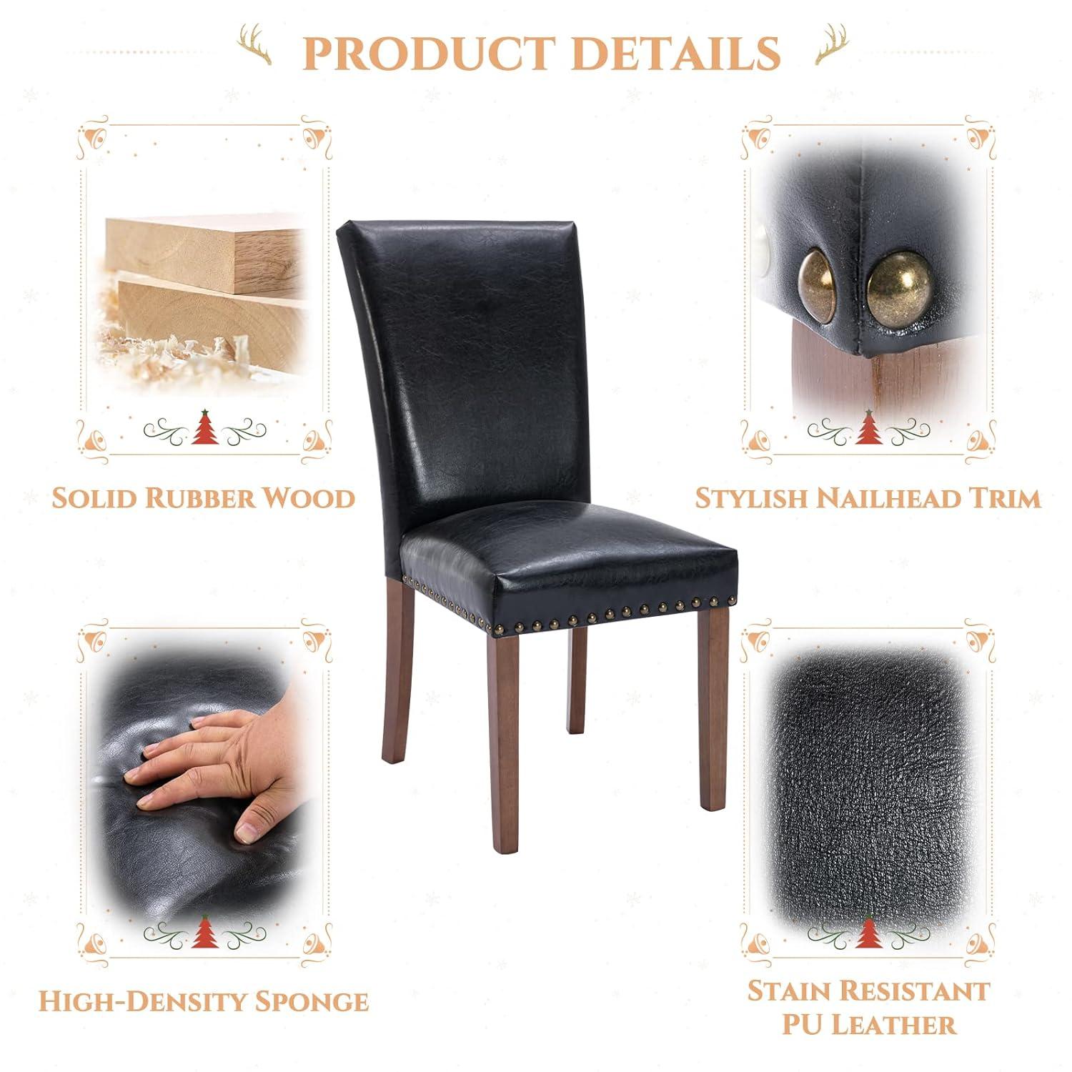 Colamy Black Upholstered Wood Legs Parsons Leather Dining Chairs with Nail head Trim Set of 2 for Dining Room