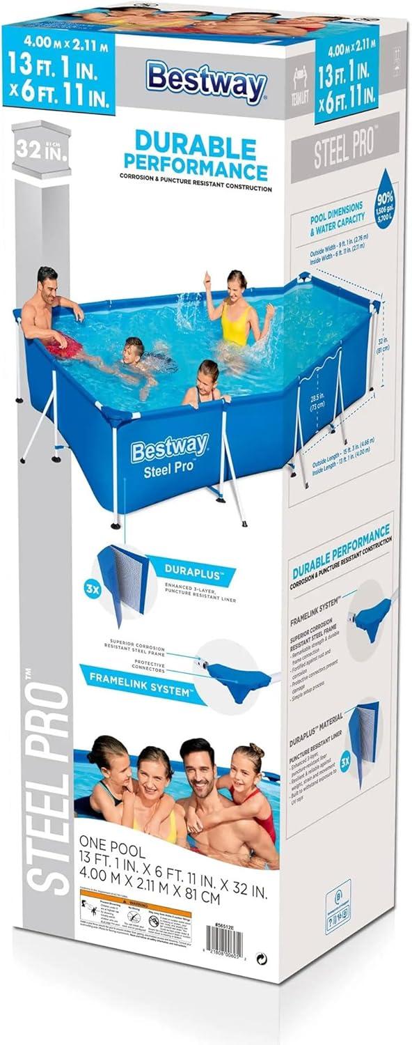 Bestway Steel Pro 13 Foot x 32 Inch Rectangular Above Ground Outdoor Pool Steel Framed Vinyl Swimming Pool with 1,506 Gallon Water Capacity, Blue