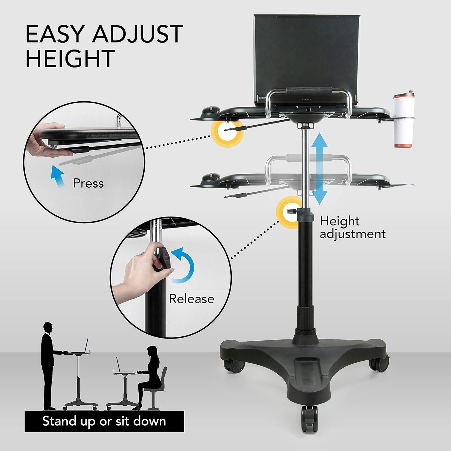 Black Adjustable Height Mobile Laptop Desk Cart with Cup Holder