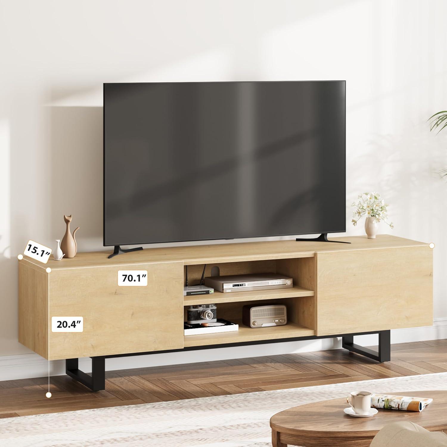 Industrial TV Stand for 80 Inch, Modern Entertainment Center with 2 Drawers, Wooden Cabinet with Heavy Duty Leg and Open Storage for Bedroom, Walnut