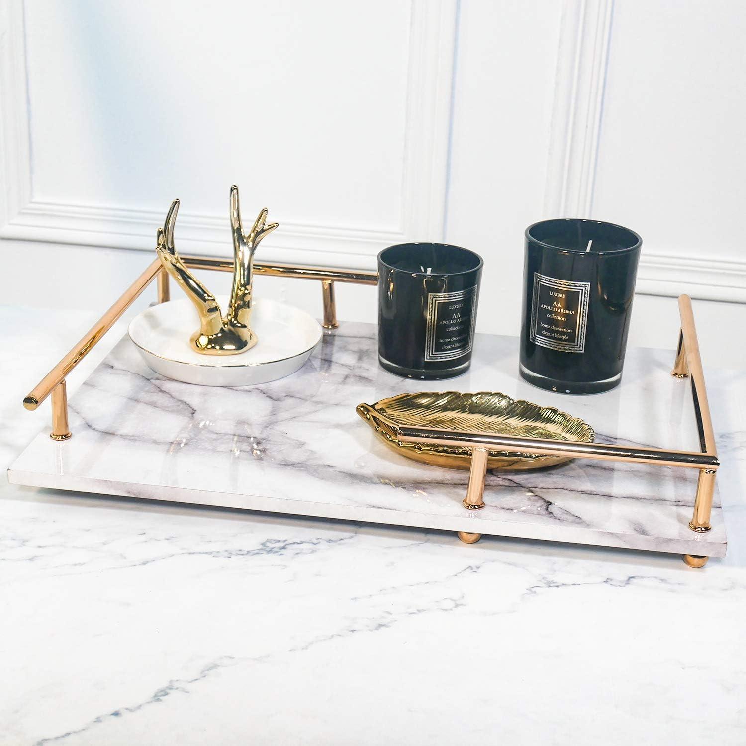 Gray and White Marble Print Vanity Tray with Gold Handles