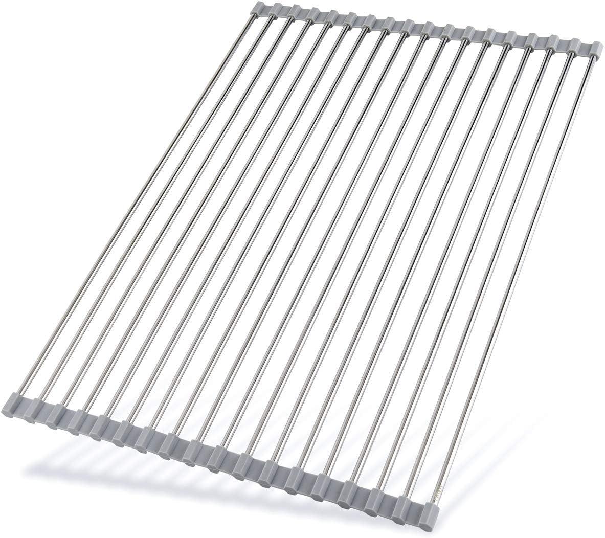Roll Up Dish Drying Rack 20.5"(L) x 13.8"(W) - Stainless Steel and Silicone Dish Drying Mat Over The Sink Foldable Drain Rack Multipurpose Dish Drainer Extra Large, Gray