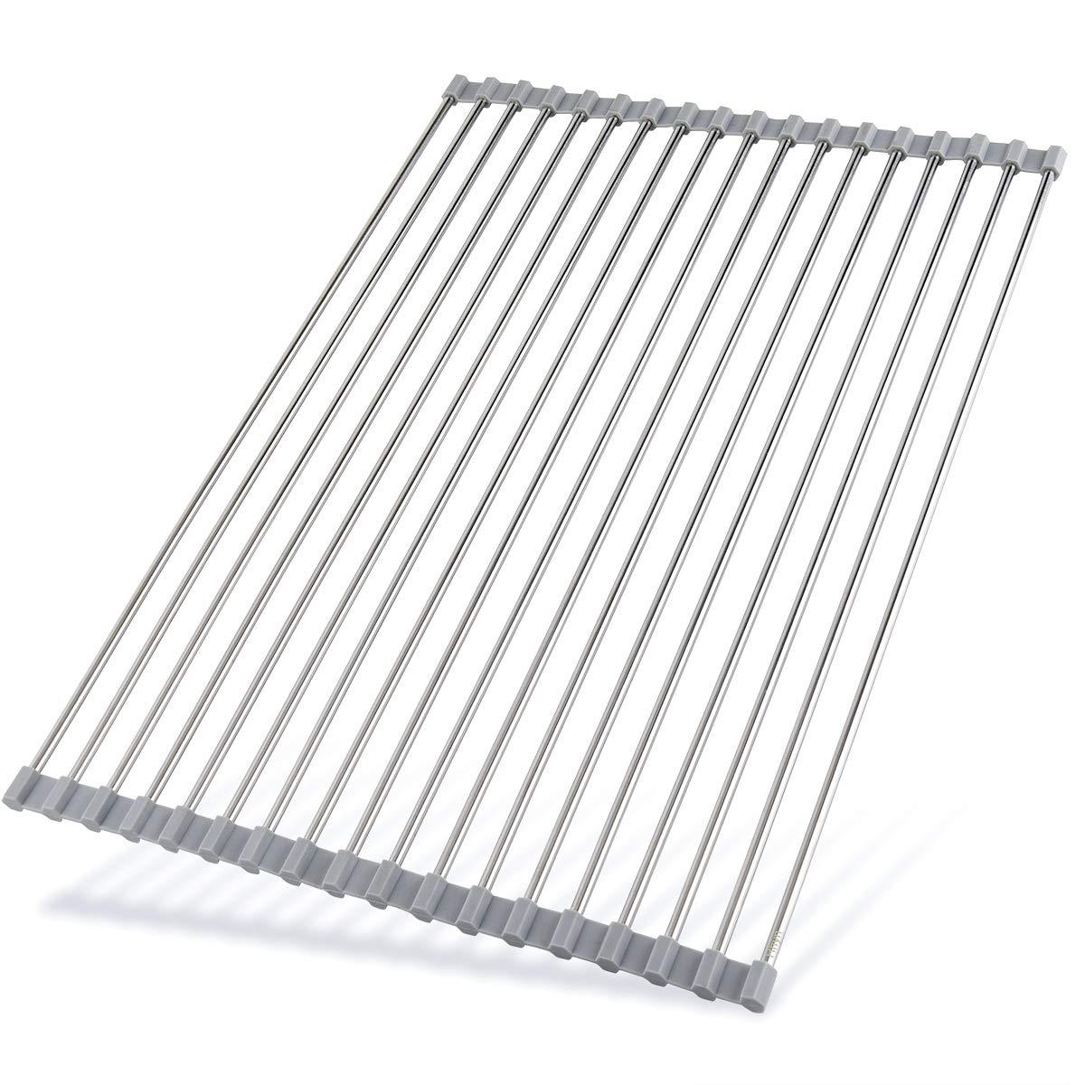 Roll Up Dish Drying Rack 20.5"(L) x 13.8"(W) - Stainless Steel and Silicone Dish Drying Mat Over The Sink Foldable Drain Rack Multipurpose Dish Drainer Extra Large, Gray