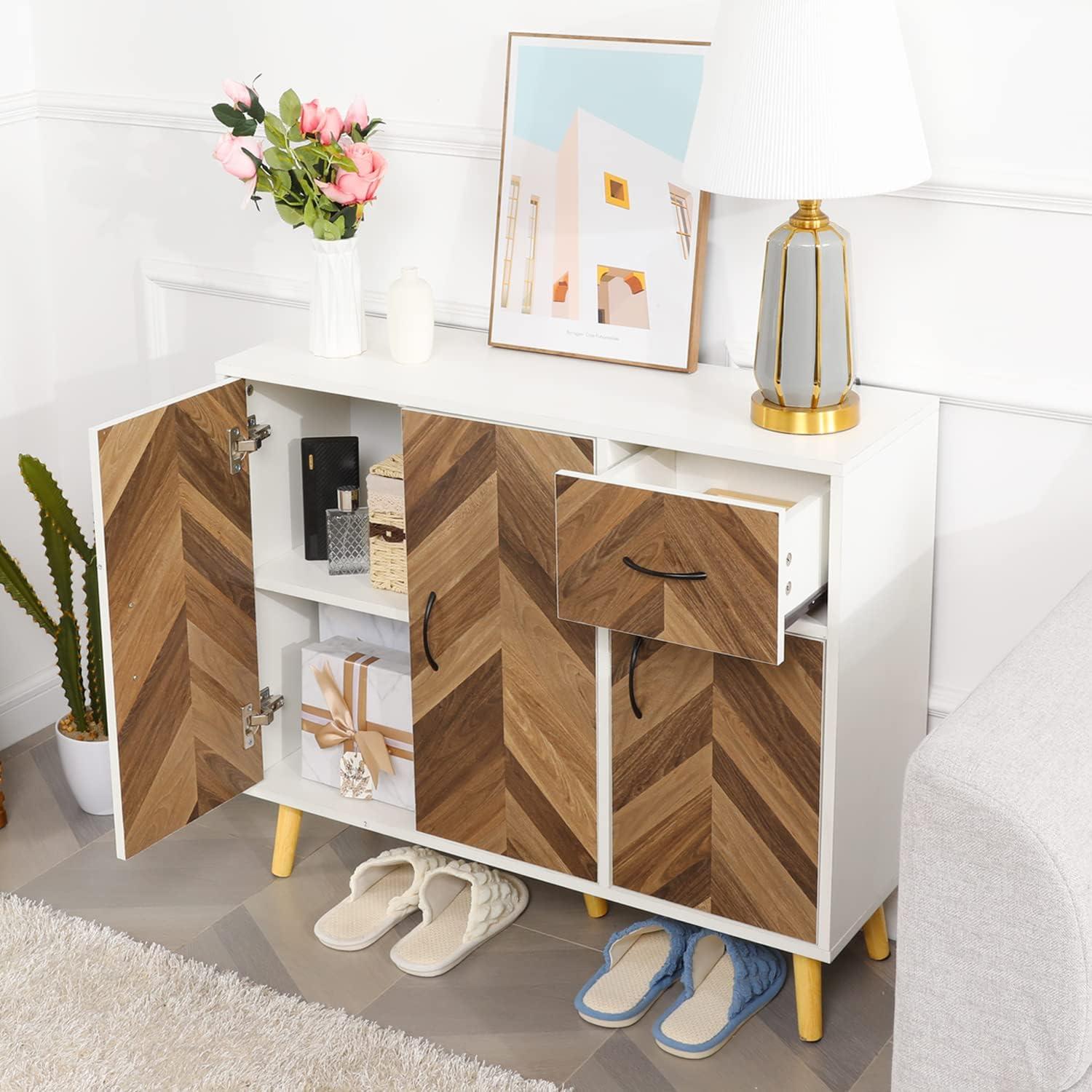 Accent Cabinet, Black Storage Cabinet with Doors Mid Century Modern Sideboard Buffet Cabinet with Storage Shelves Small Wood Accent Cabinets for Living Room Entryway Office, Brown Herringbone