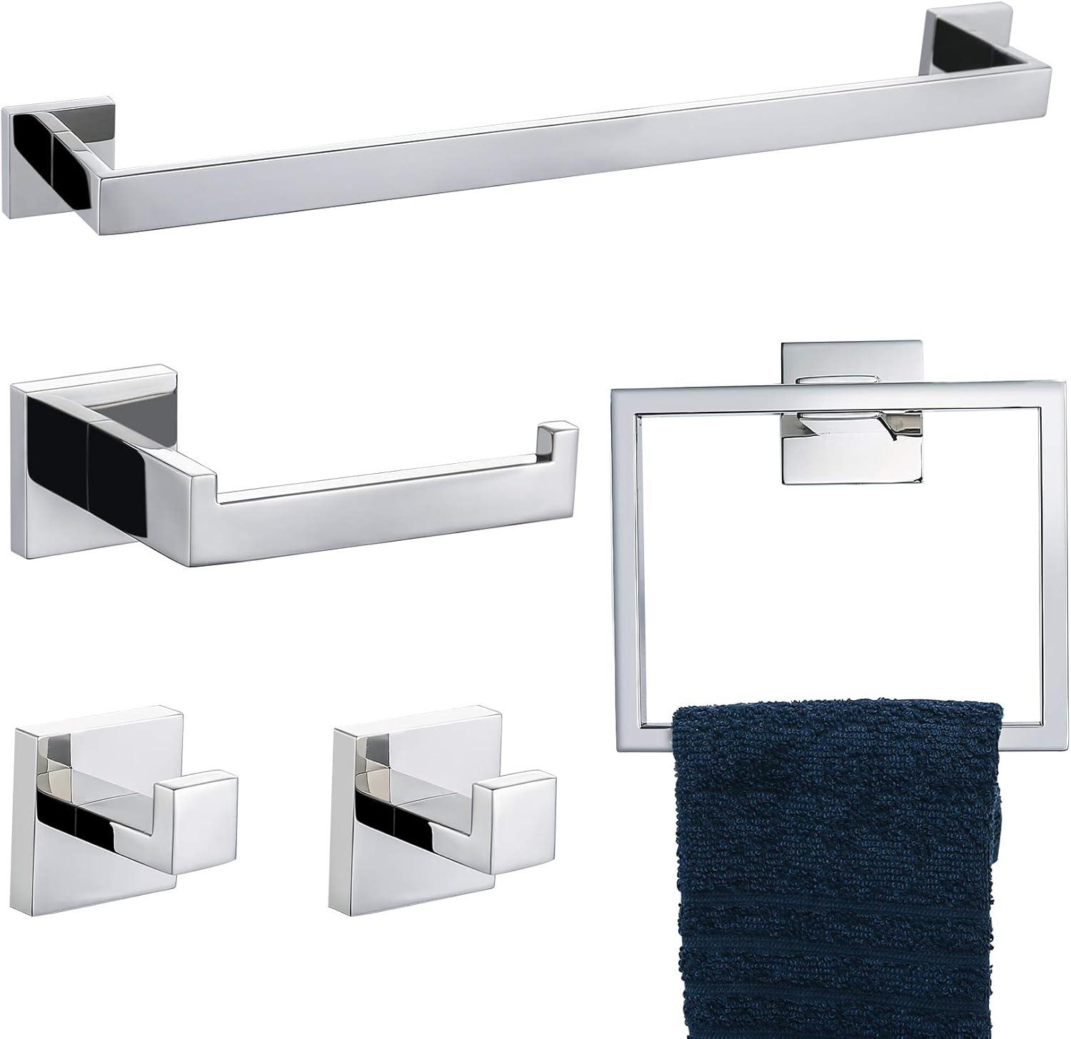 Polished Chrome Bathroom Hardware Set with Towel Bar and Hooks