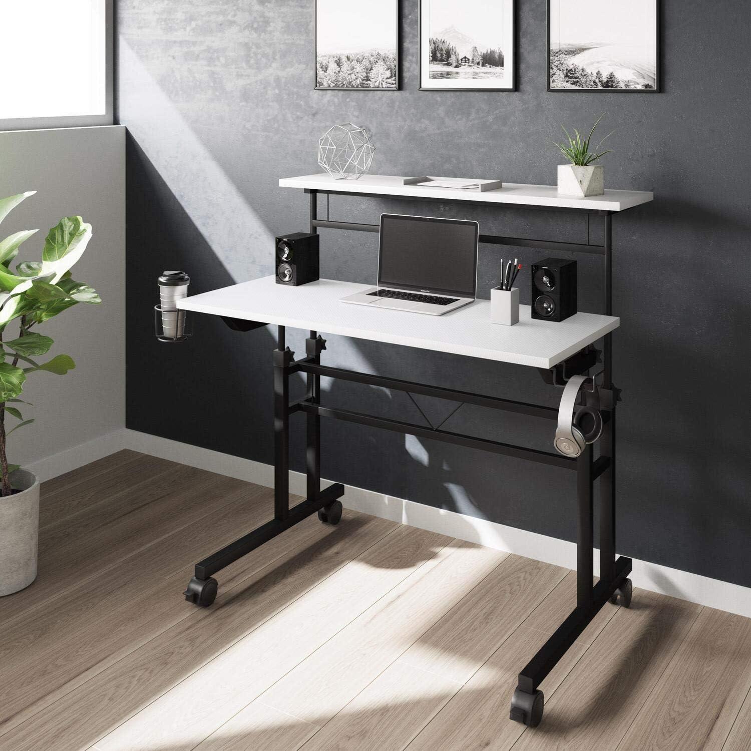 Rolling Writing Desk with Height Adjustable Desktop and Moveable Shelf White - Techni Mobili: Locking Casters, Open Storage