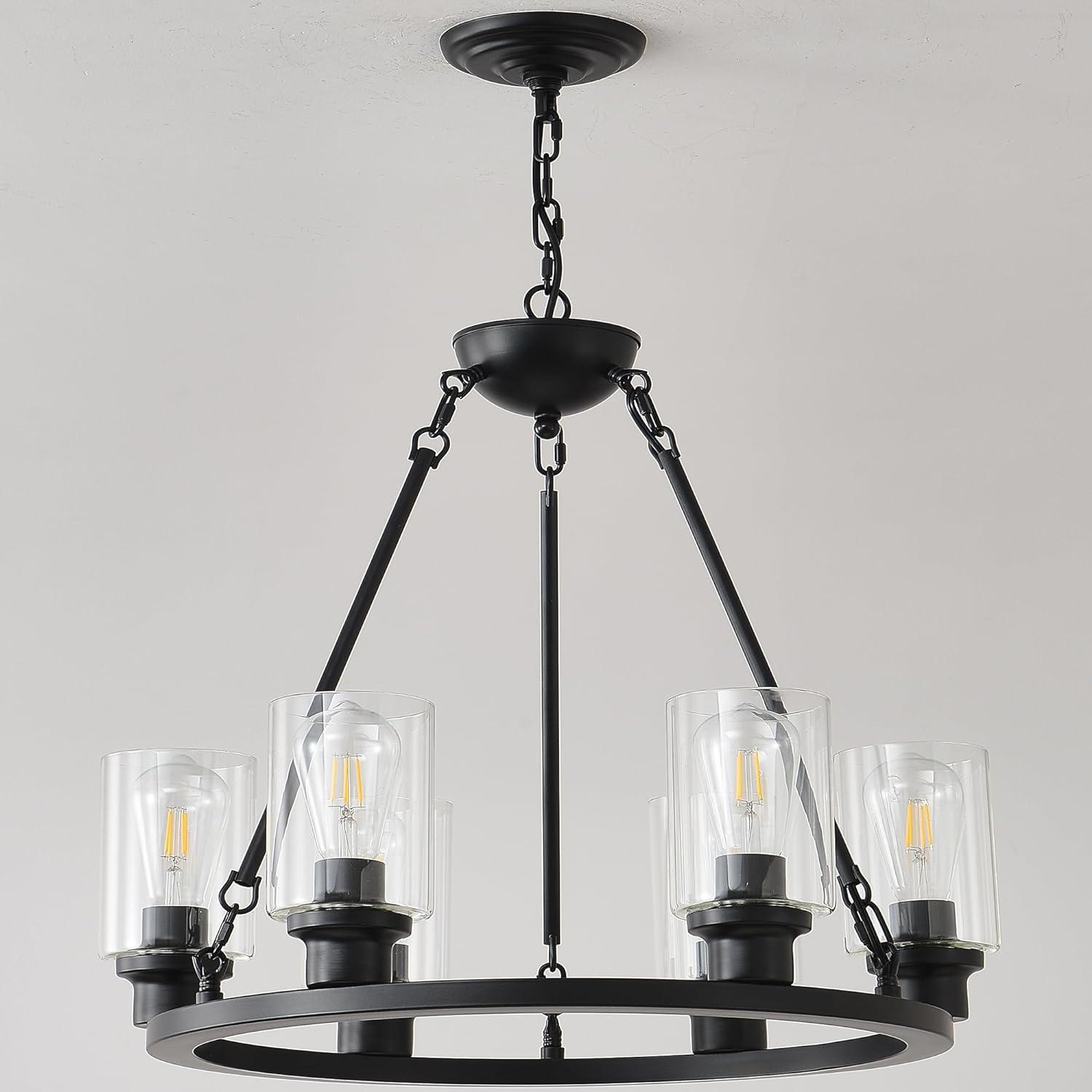 24'' Round Wagon Wheel 6-Light Chandelier Hanging Glass Pendant Light - N/A Black