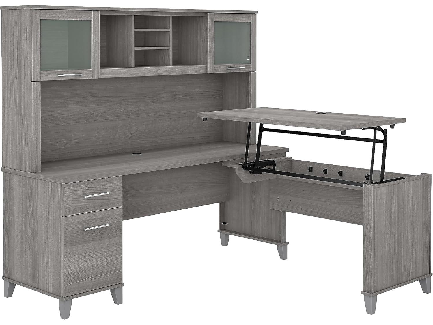 Somerset 72W Sit to Stand L Desk with Hutch in Platinum Gray - Engineered Wood