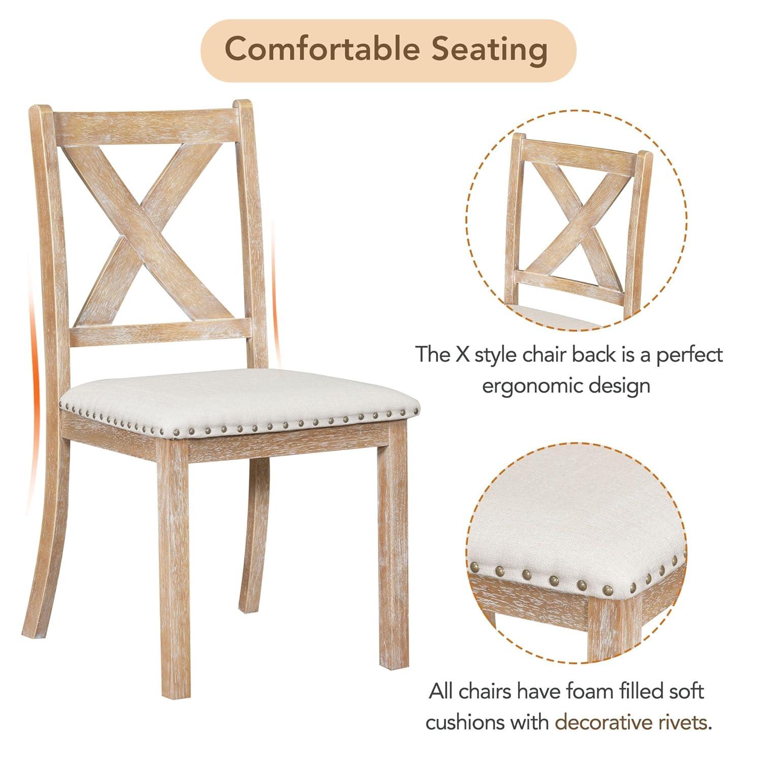 Linique 6-Piece Extendable Dining Table Set, Farmhouse Dining Table with Footrest, 2 Removable Leaf, 4 Upholstered Dining Chairs & 1 Bench, Natural+Beige Cushion