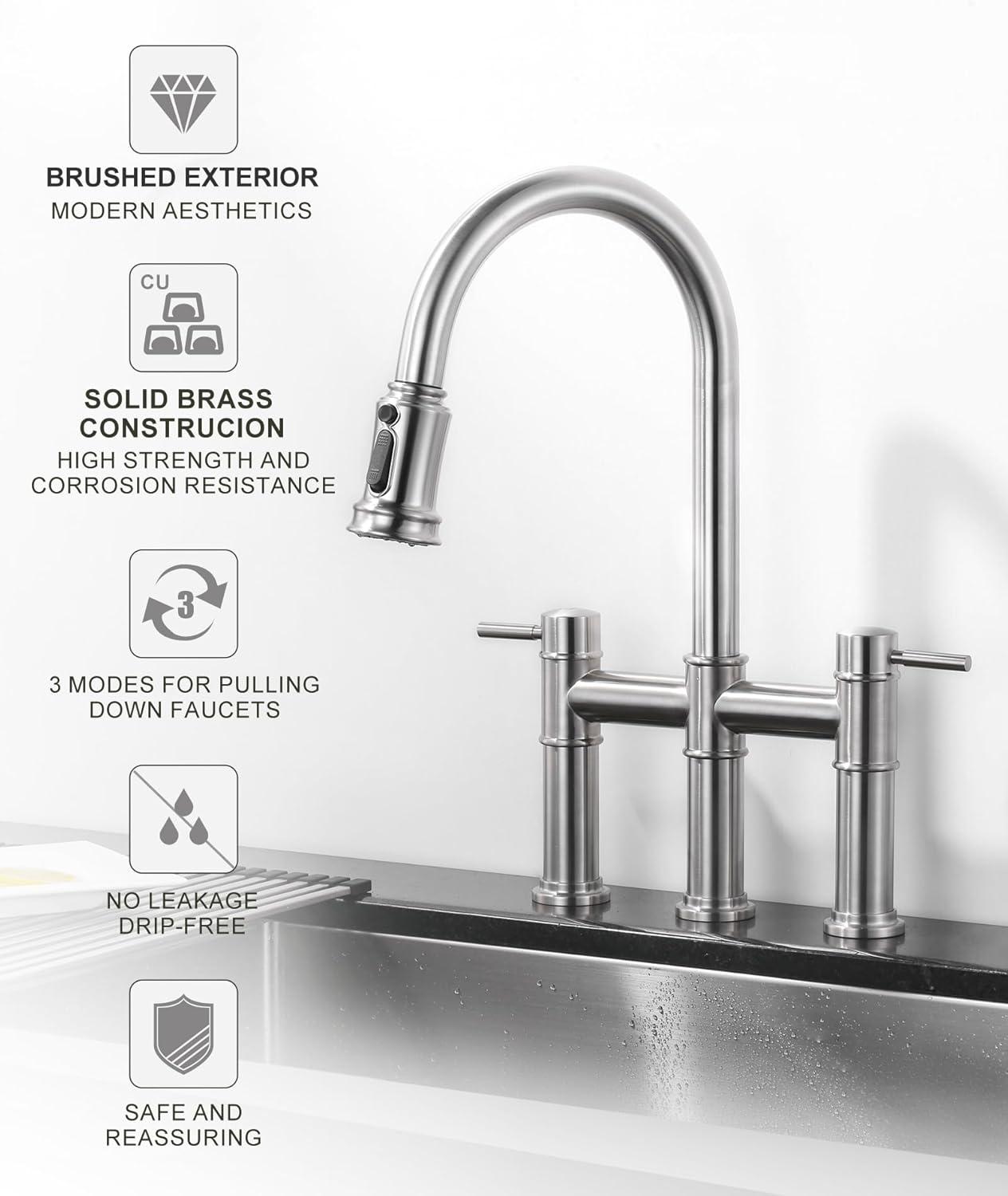 Brushed Nickel Double Handle Bridge Kitchen Faucet with Pull Down Sprayer