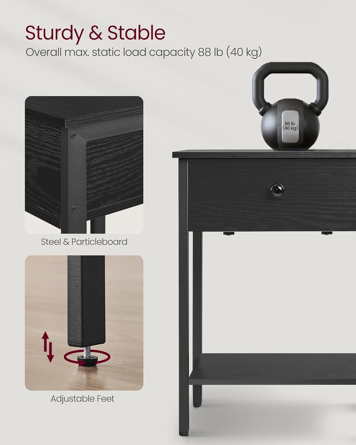 VASAGLE Nightstand, End Table, Side Table with Drawer and Shelf, 15.7 x 15.7 x 21.7 Inches, Bedroom, Steel Frame, Easy Assembly, Modern, Ebony Black ULET055B56