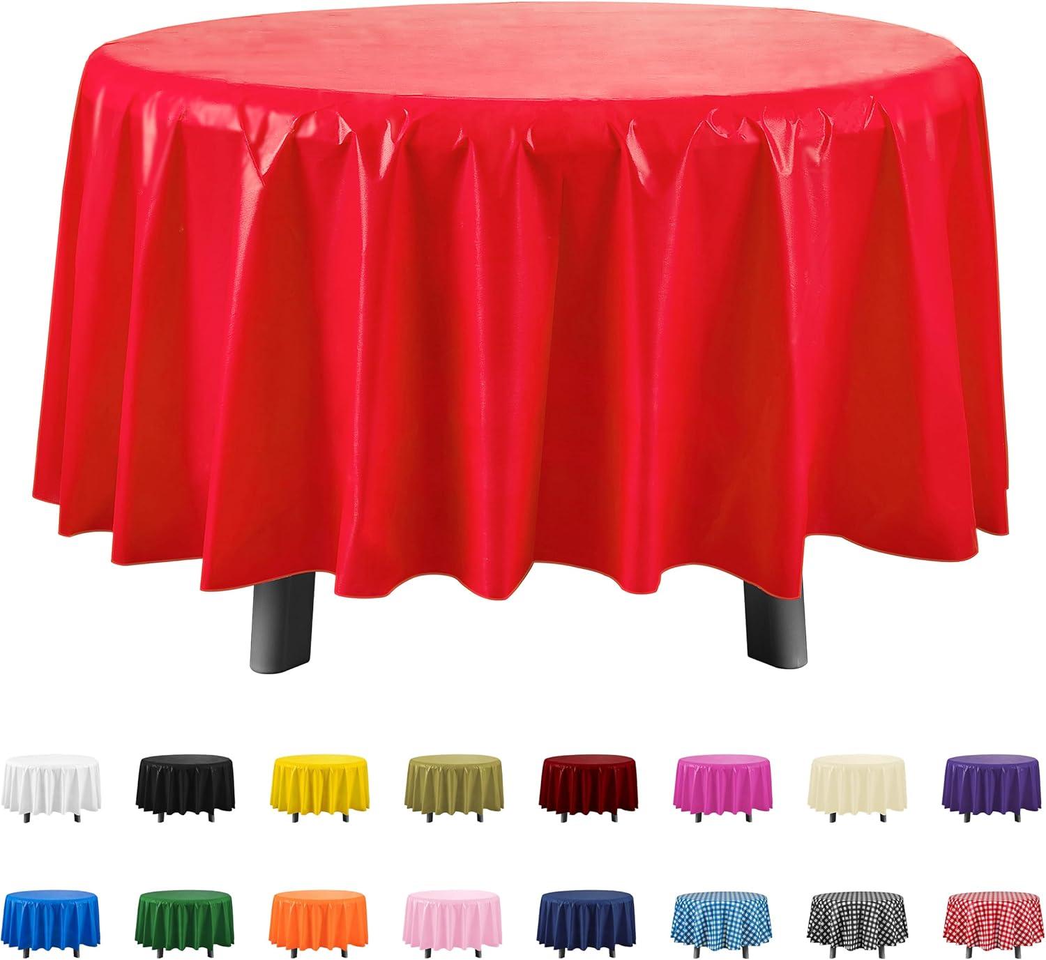 Crown Display Premium Quality Plastic Tablecloth 84 Inch. Round- Red- 6 Packs