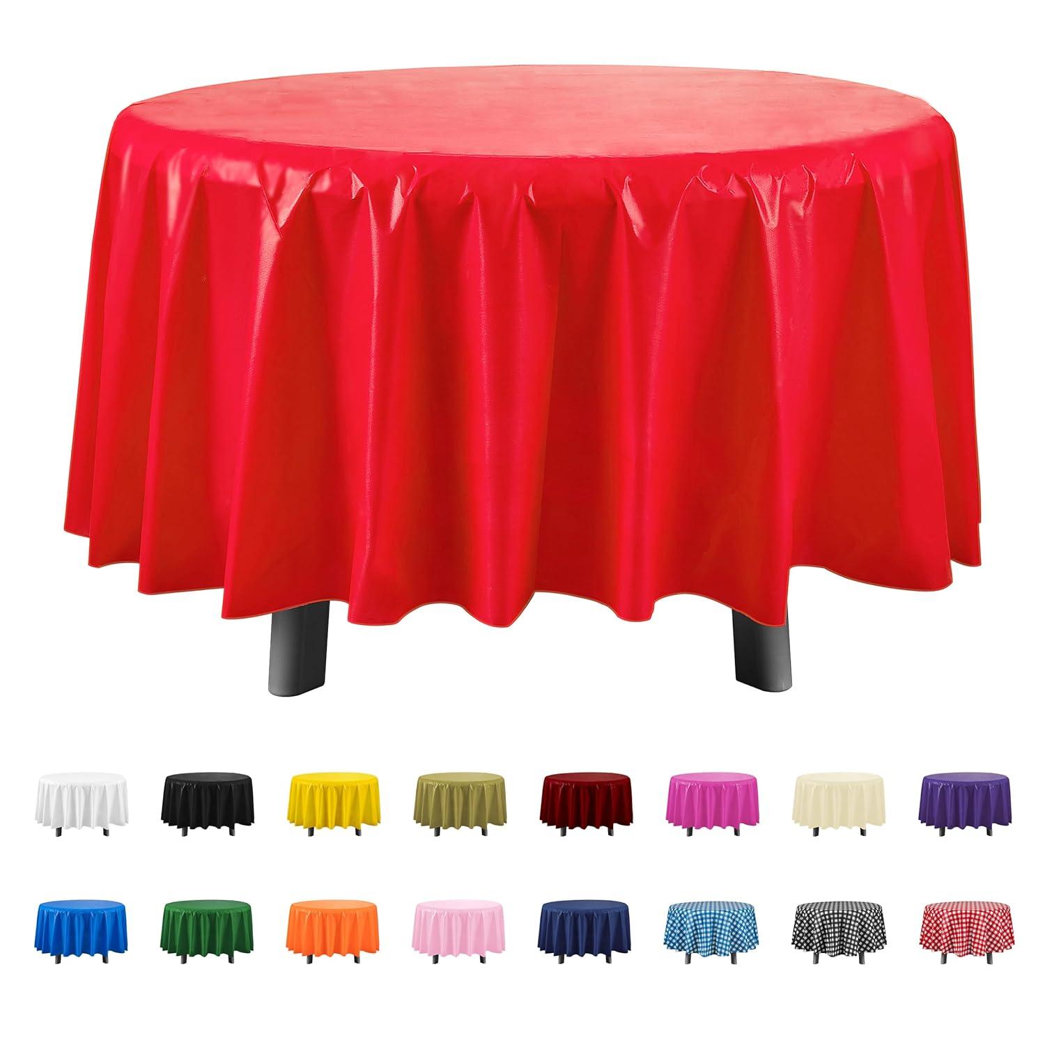 Crown Display Premium Quality Plastic Tablecloth 84 Inch. Round- Red- 6 Packs